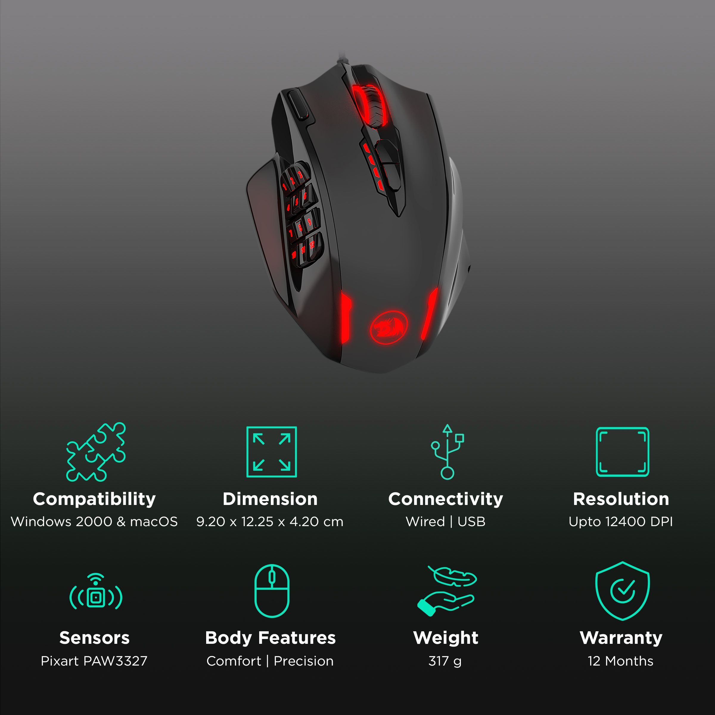 REDRAGON Impact Wired Optical Gaming Mouse (12400 DPI, High-End Design, Black)_2