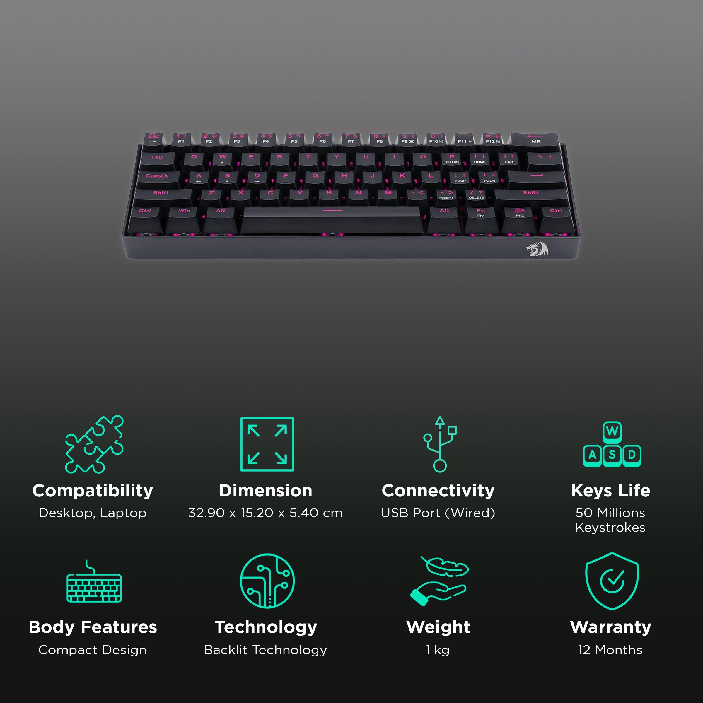 REDRAGON Dragon Born K630 Wired Keyboard with RGB Backlit Keys (Vibrant Pink Lighting, Black)_2