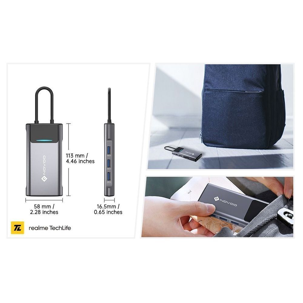 NOVOO Pro 9-in-1 USB 3.0 Type C to USB Type C, HDMI, SD Card Slot, TF Card, USB 3.0 Type A, VGA Port, LAN Port Multi-Port Hub (With LED Screen, Dark Grey)_6