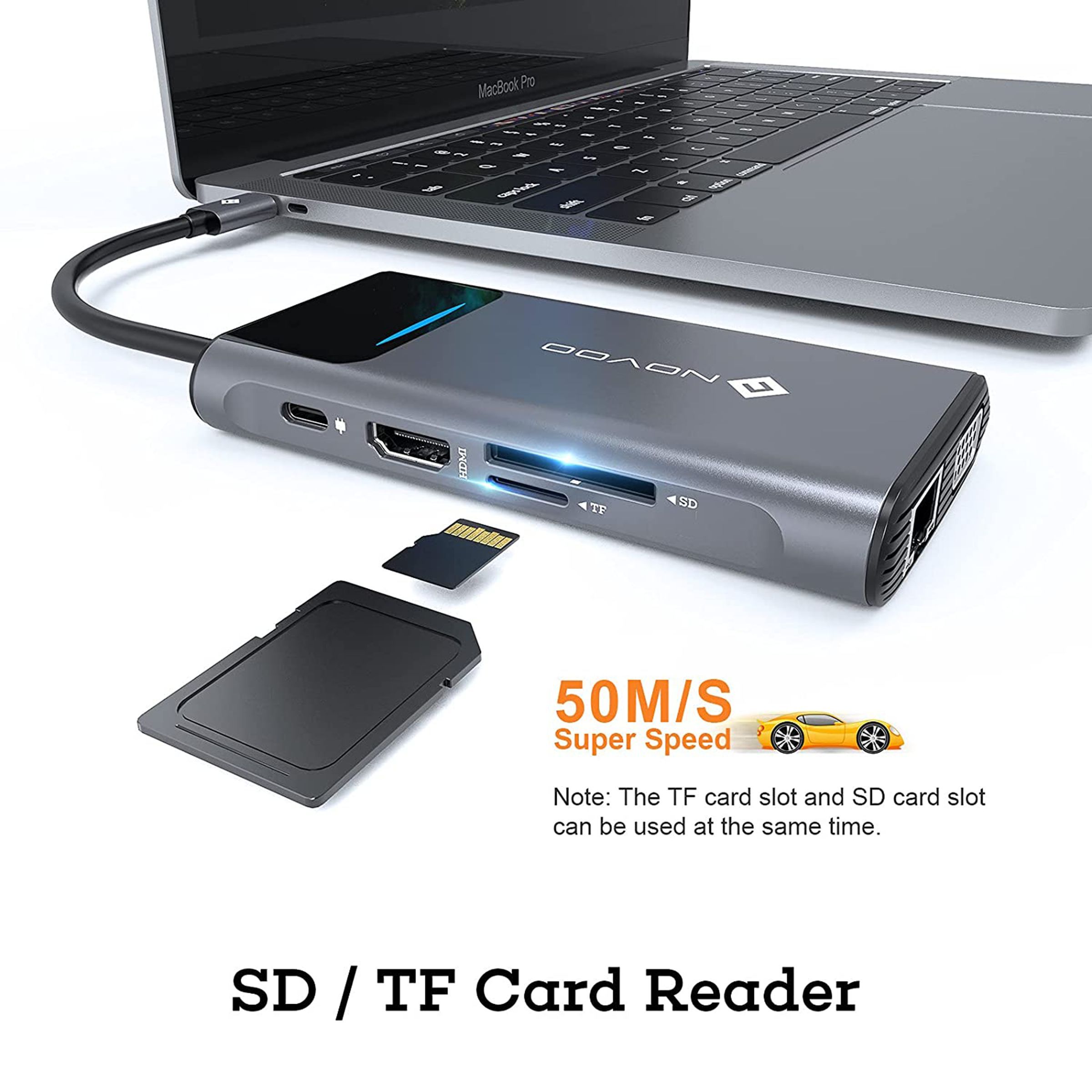 NOVOO Pro 9-in-1 USB 3.0 Type C to USB Type C, HDMI, SD Card Slot, TF Card, USB 3.0 Type A, VGA Port, LAN Port Multi-Port Hub (With LED Screen, Dark Grey)_8