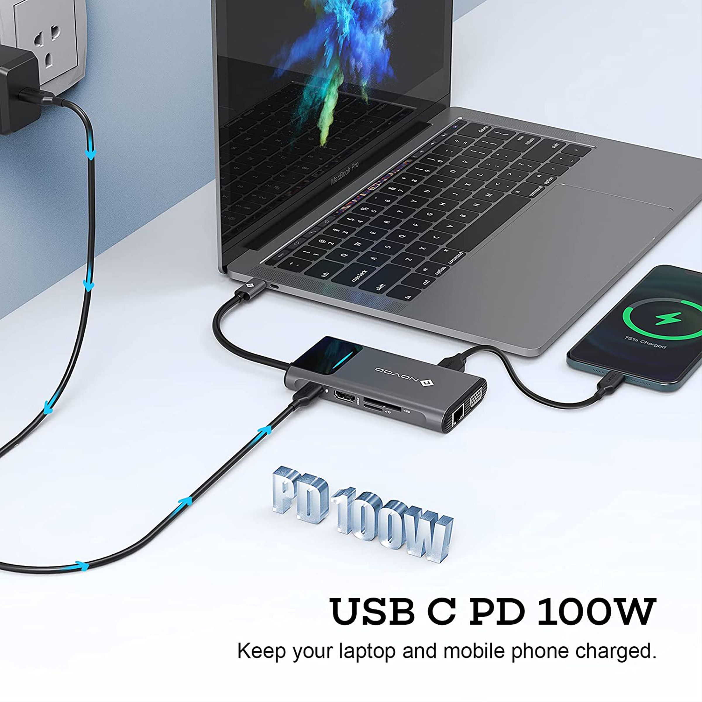 NOVOO Pro 9-in-1 USB 3.0 Type C to USB Type C, HDMI, SD Card Slot, TF Card, USB 3.0 Type A, VGA Port, LAN Port Multi-Port Hub (With LED Screen, Dark Grey)_11
