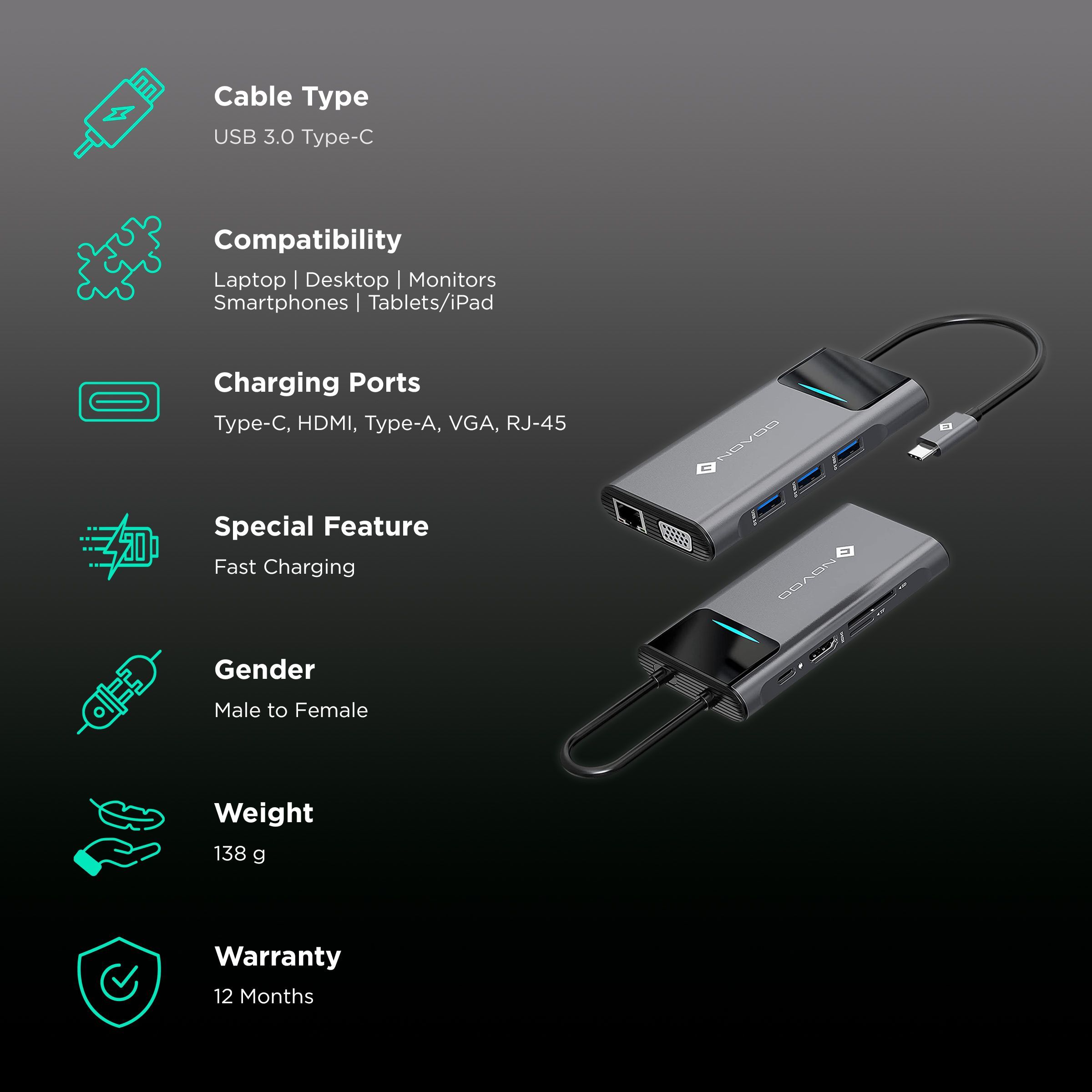 NOVOO Pro 9-in-1 USB 3.0 Type C to USB Type C, HDMI, SD Card Slot, TF Card, USB 3.0 Type A, VGA Port, LAN Port Multi-Port Hub (With LED Screen, Dark Grey)_2