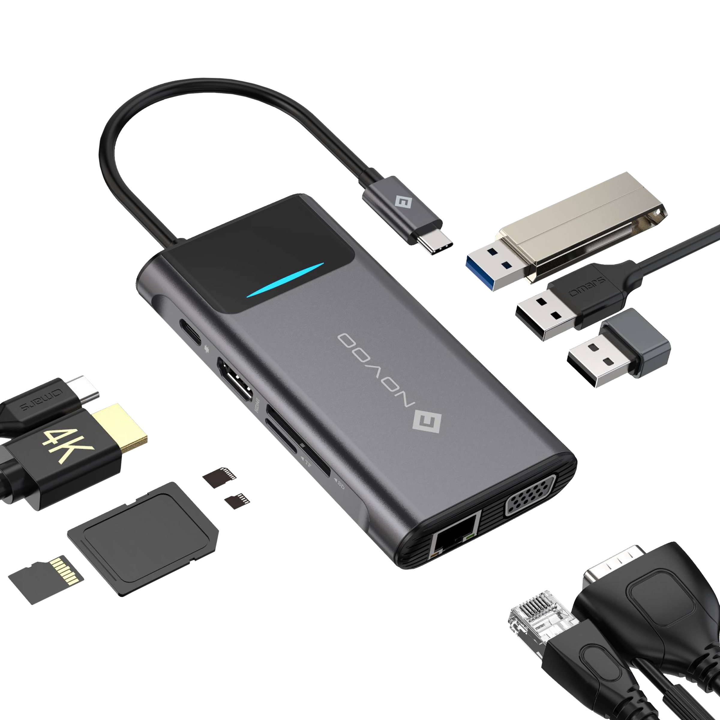 NOVOO Pro 9-in-1 USB 3.0 Type C to USB Type C, HDMI, SD Card Slot, TF Card, USB 3.0 Type A, VGA Port, LAN Port Multi-Port Hub (With LED Screen, Dark Grey)_3