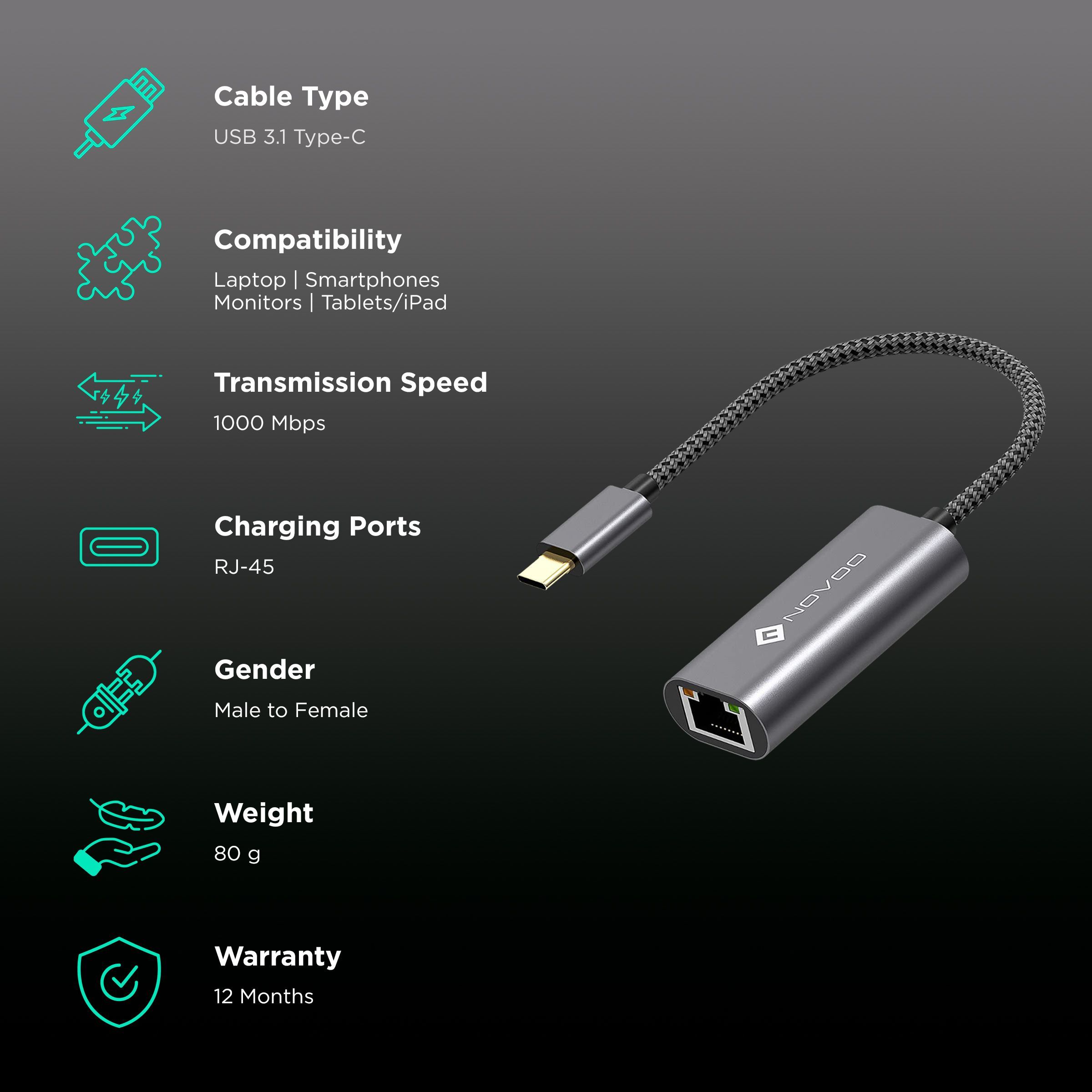 NOVOO USB 3.1 Type C to LAN Port Adapter (Universal Compatibility, Black) NOVOO USB 3.1 Type C to LAN Port Adapter (Universal Compatibility, Black)_2