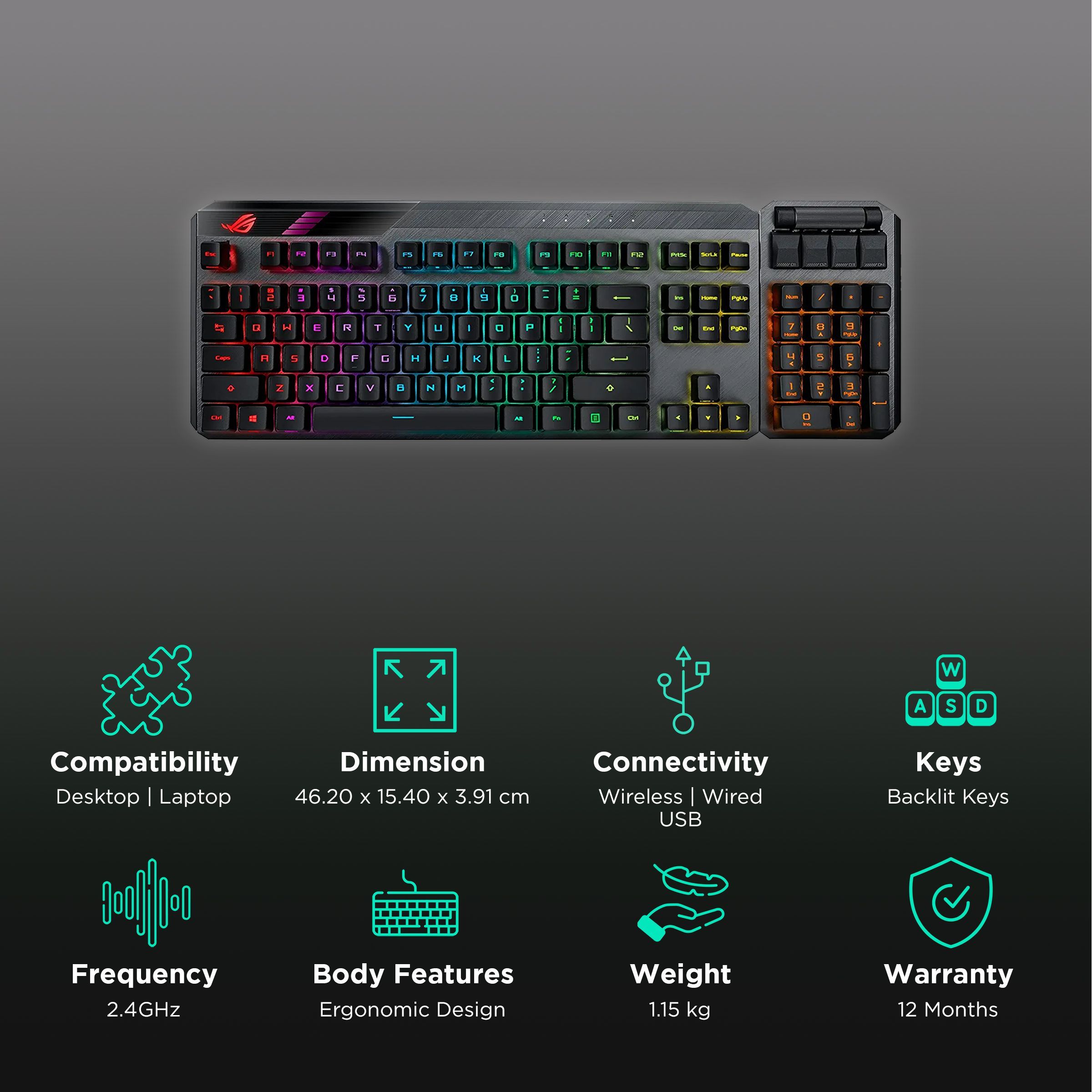 ASUS ROG Claymore II Rechargeable 2.4GHz Wired & Wireless Gaming Keyboard with Optical Mechanical Switches (Extra Customizable Clicky Hotkeys, Black)_2