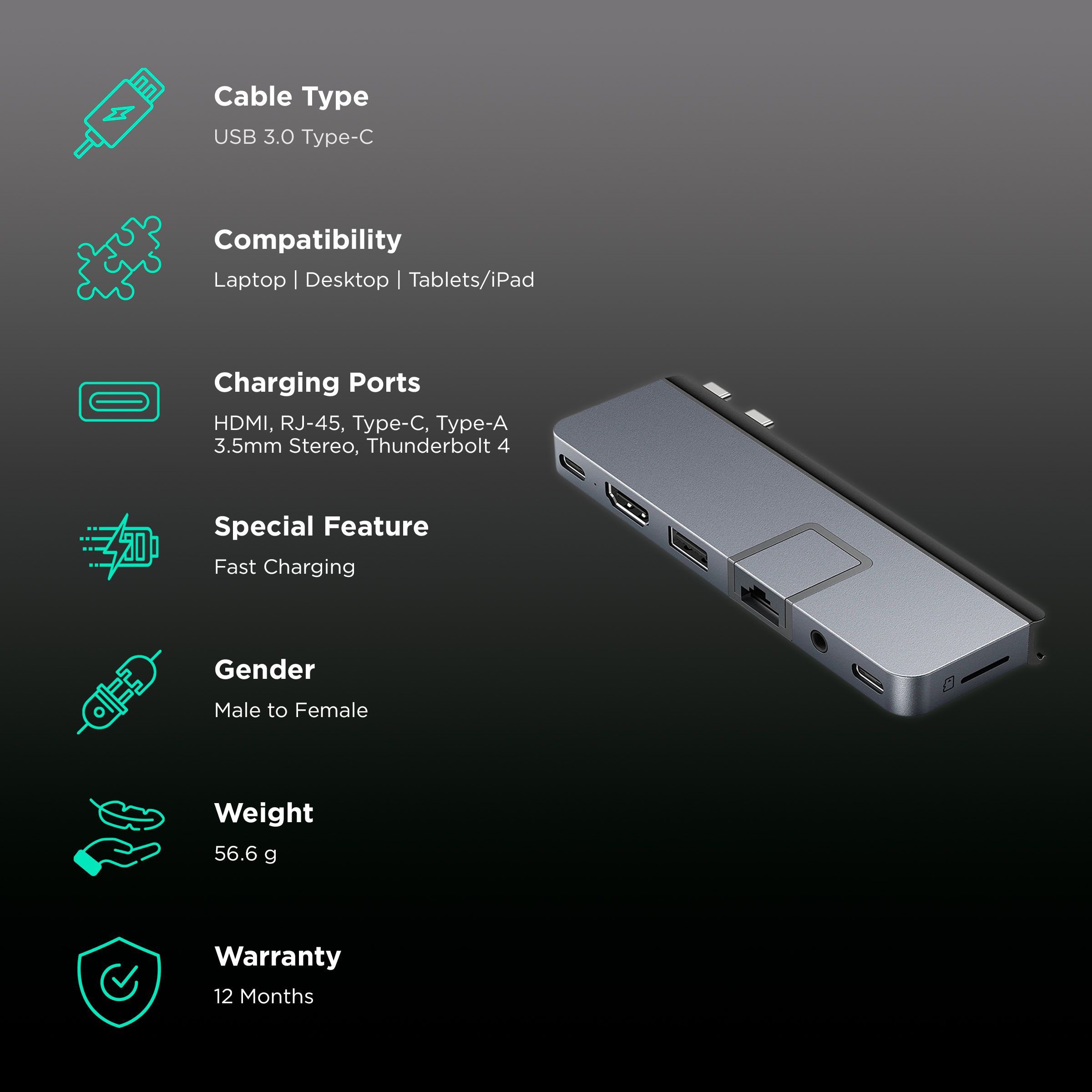 HYPERDRIVE DUO PRO 7-in-2 USB 3.0 Type C to USB 3.1 Type C, USB 3.1 Type A, HDMI Type A, LAN Port, 3.5mm Stereo, MicroSD Card Slot, Thunderbolt 4/USB4 USB Hub (Magnetic Grip, Space Grey)_2