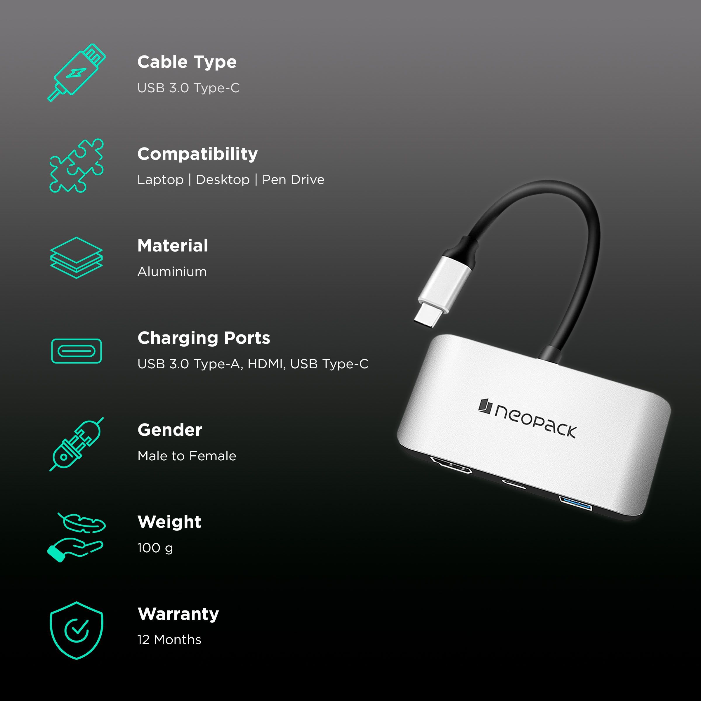 neopack 3-in-1 USB 3.0 Type C to USB 3.0 Type A, HDMI, USB Type C USB Hub (Pass-Through Charging, Silver) neopack 3-in-1 USB 3.0 Type C to USB 3.0 Type A, HDMI, USB Type C USB Hub (Pass-Through Charging, Silver)_2