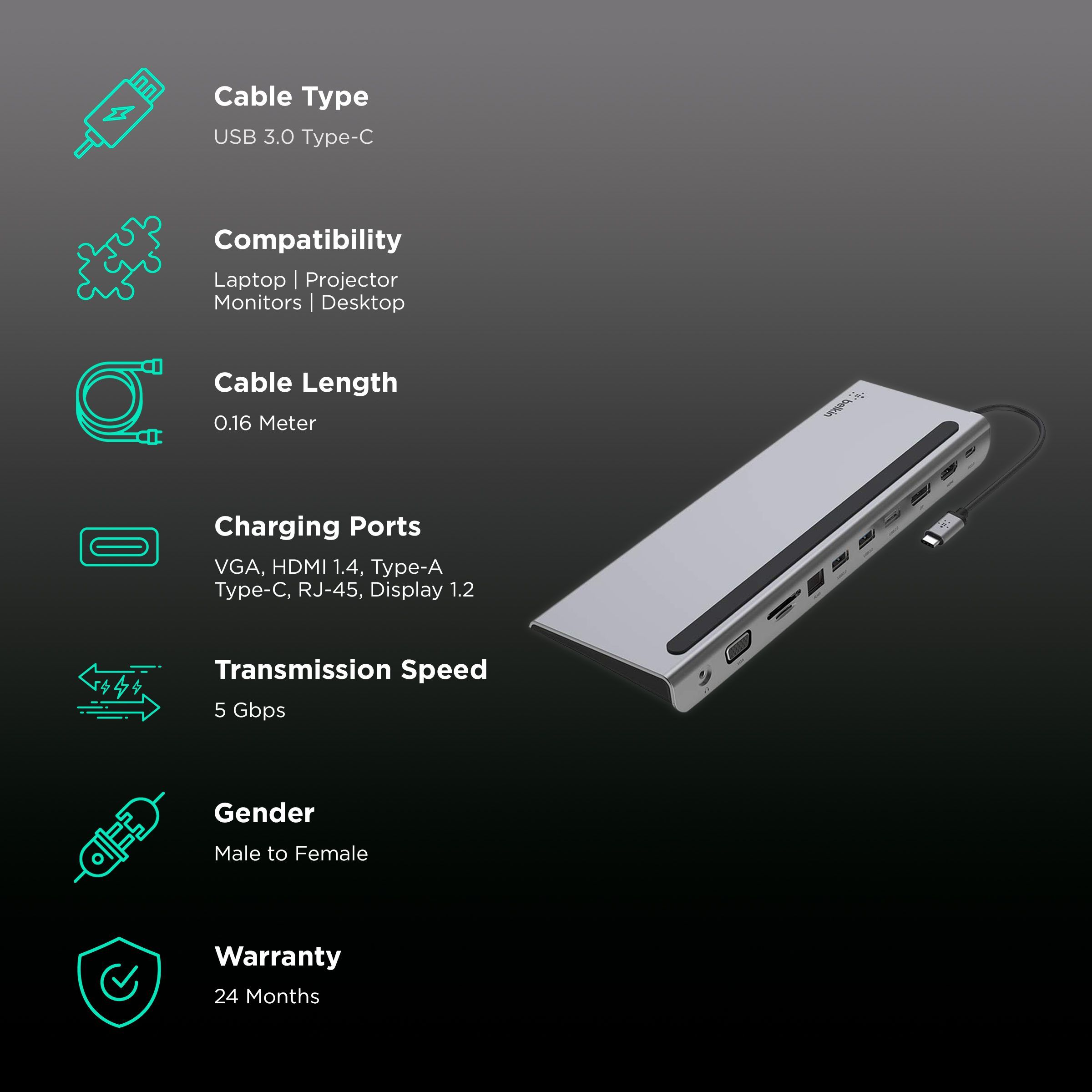 belkin Connect 11-in-1 USB 3.0 Type C to 3.5mm Stereo, VGA Port, SD Card Slot, MicroSD Card Slot, HDMI 1.4, USB 2.0 Type A, USB 3.0 Type A, USB 3.0 Type C, LAN Port, DisplayPort 1.2 Multi-Port Hub (Supports 100W Pass-Through Power, Space Grey)_2
