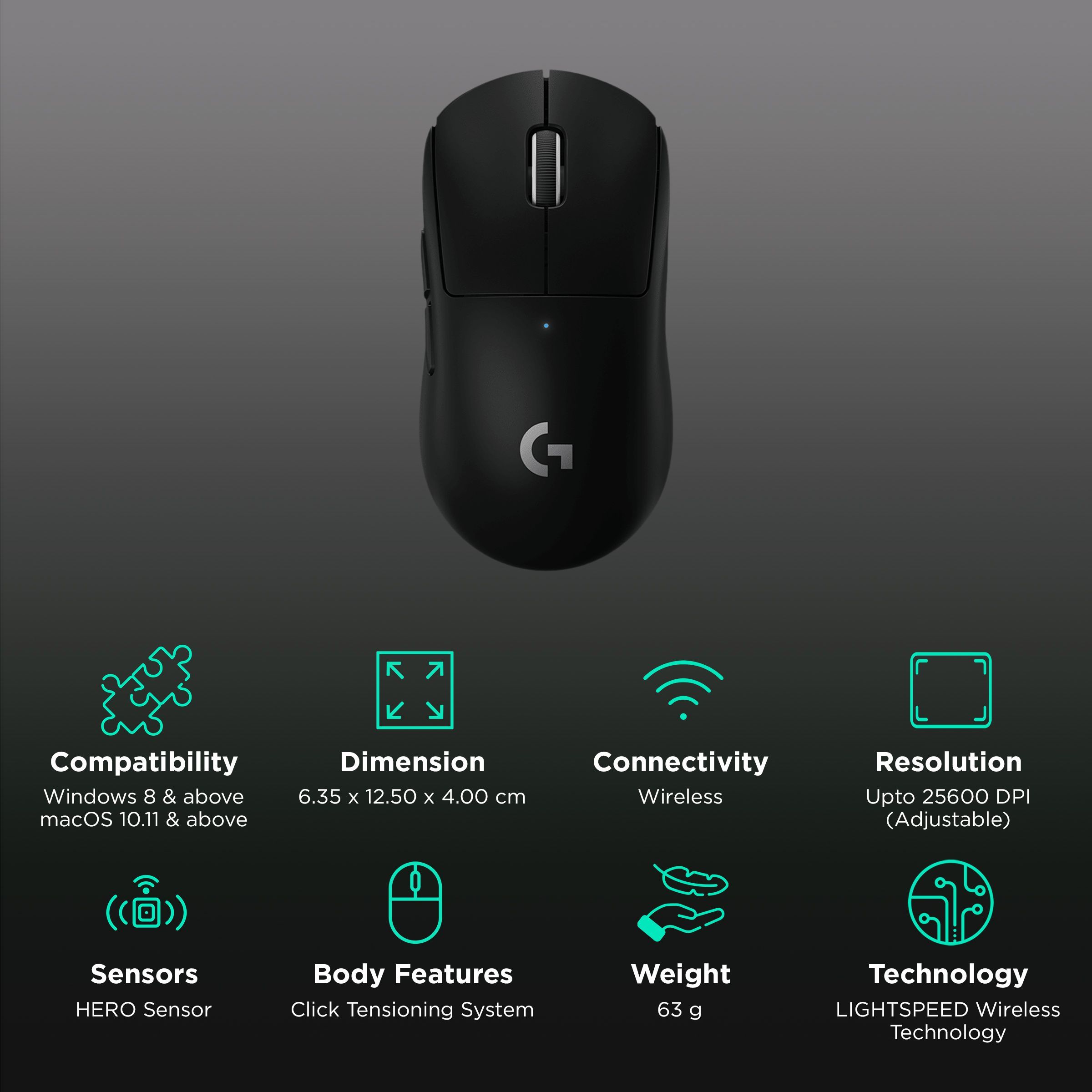 logitech PRO X Rechargeable Wireless Optical Gaming Mouse (25600 DPI Adjustable, Click Tensioning System, Black)_2