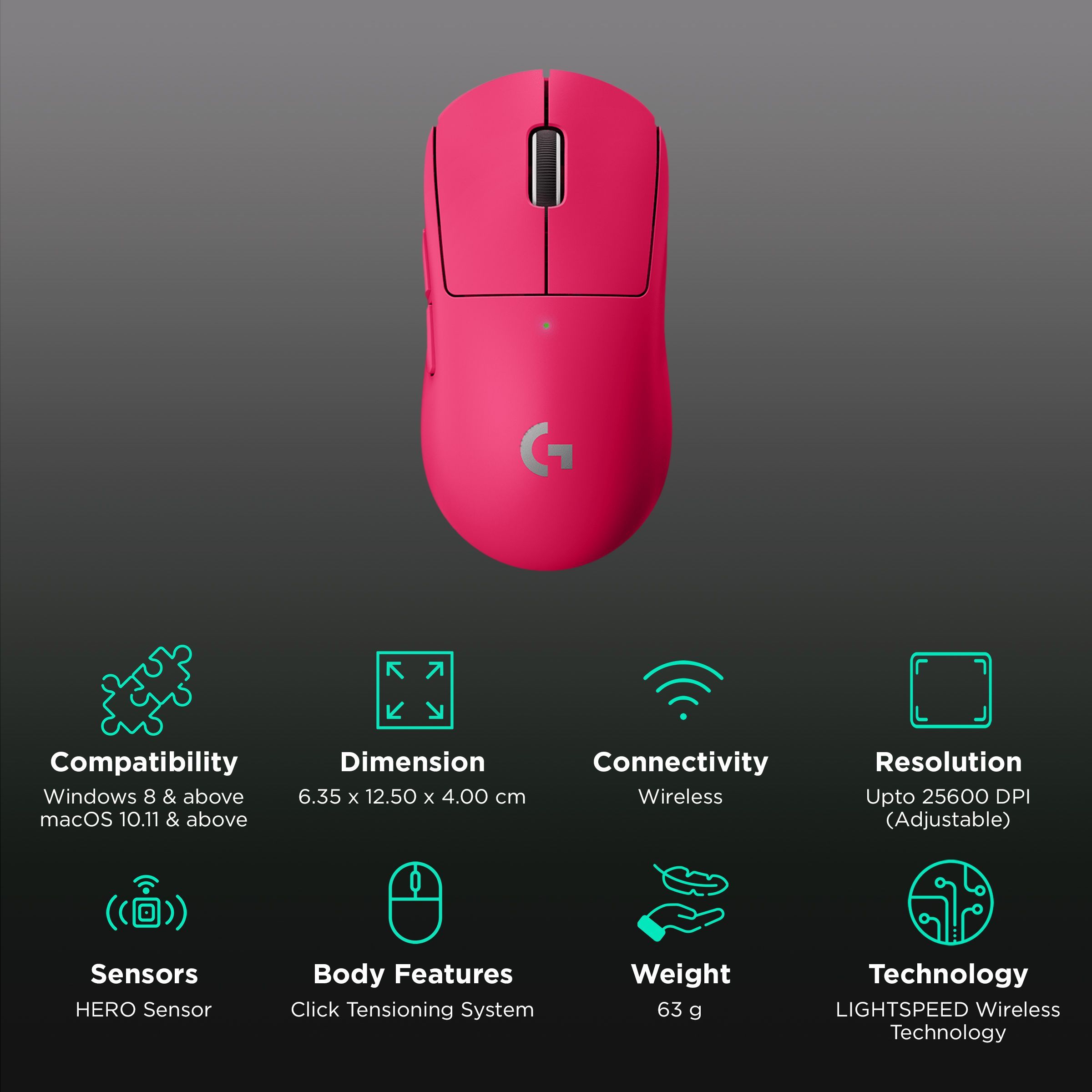 logitech PRO X Rechargeable Wireless Optical Gaming Mouse (25600 DPI Adjustable, Click Tensioning System, Magenta)_2