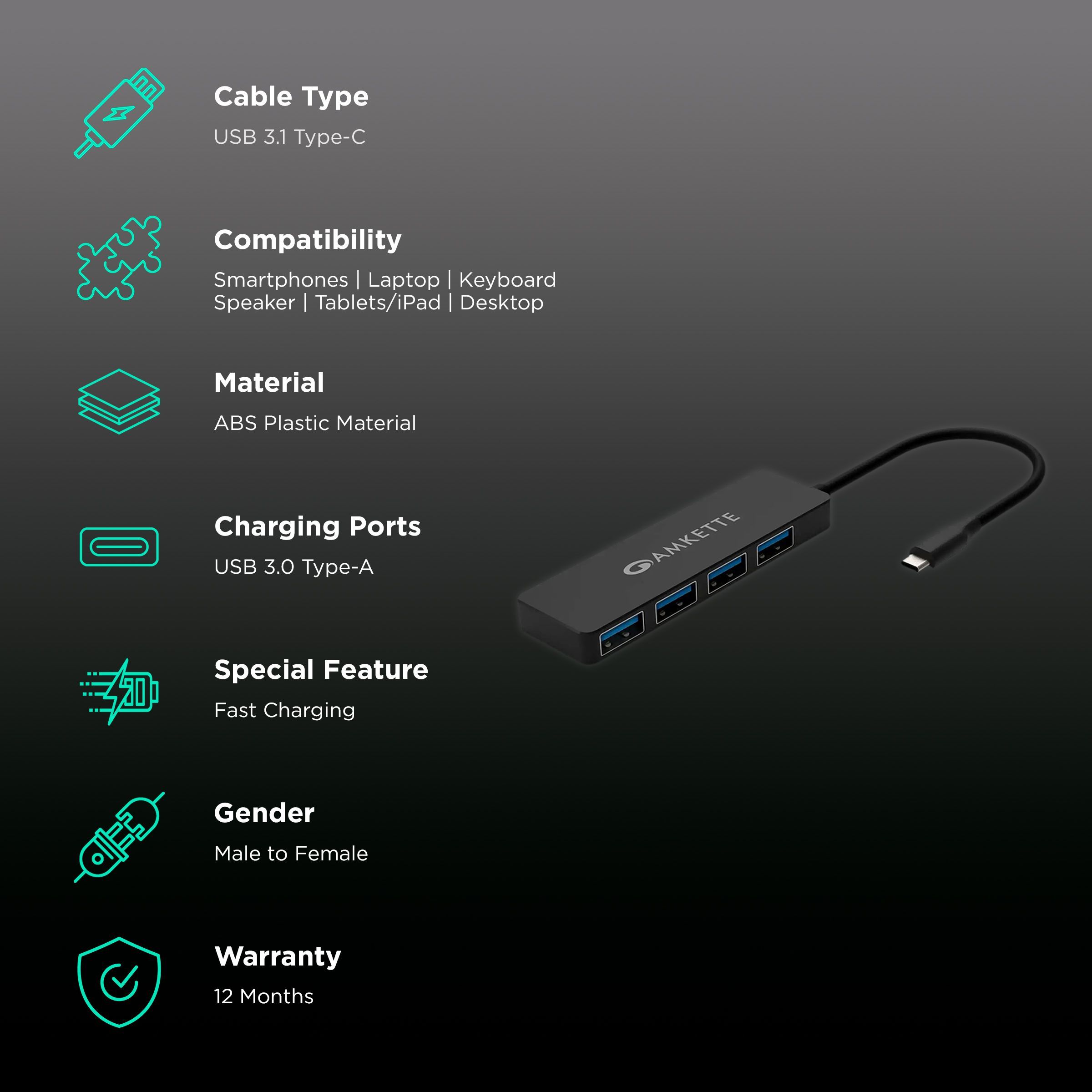 AMKETTE 4-in-1 USB 3.1 Type C to USB 3.0 Type A USB Hub (Up to 5 Gbps Data Transfer, Black) AMKETTE 4-in-1 USB 3.1 Type C to USB 3.0 Type A USB Hub (Up to 5 Gbps Data Transfer, Black)_2