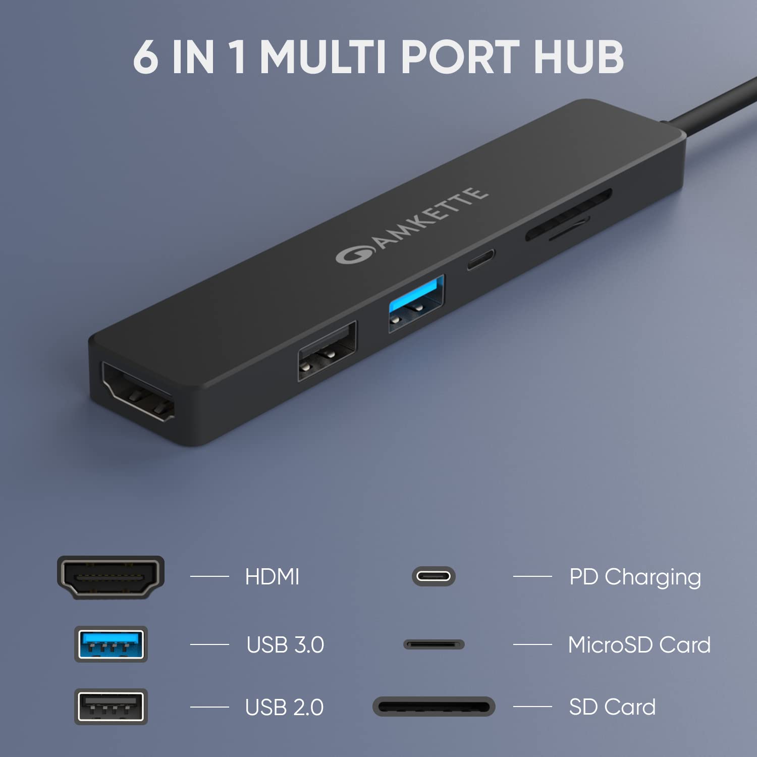 AMKETTE 6-in-1 USB 3.0 Type C to HDMI Type A, USB 3.0 Type A, USB 2.0 Type A, USB 3.0 Type C, SD Card Slot, MicroSD Card Slot Multi-Port Hub (Up to 5 Gbps Data Transfer, Black) AMKETTE 6-in-1 USB 3.0 Type C to HDMI Type A, USB 3.0 Type A, USB 2.0 Type A, USB 3.0 Type C, SD Card Slot, MicroSD Card Slot Multi-Port Hub (Up to 5 Gbps Data Transfer, Black)_2