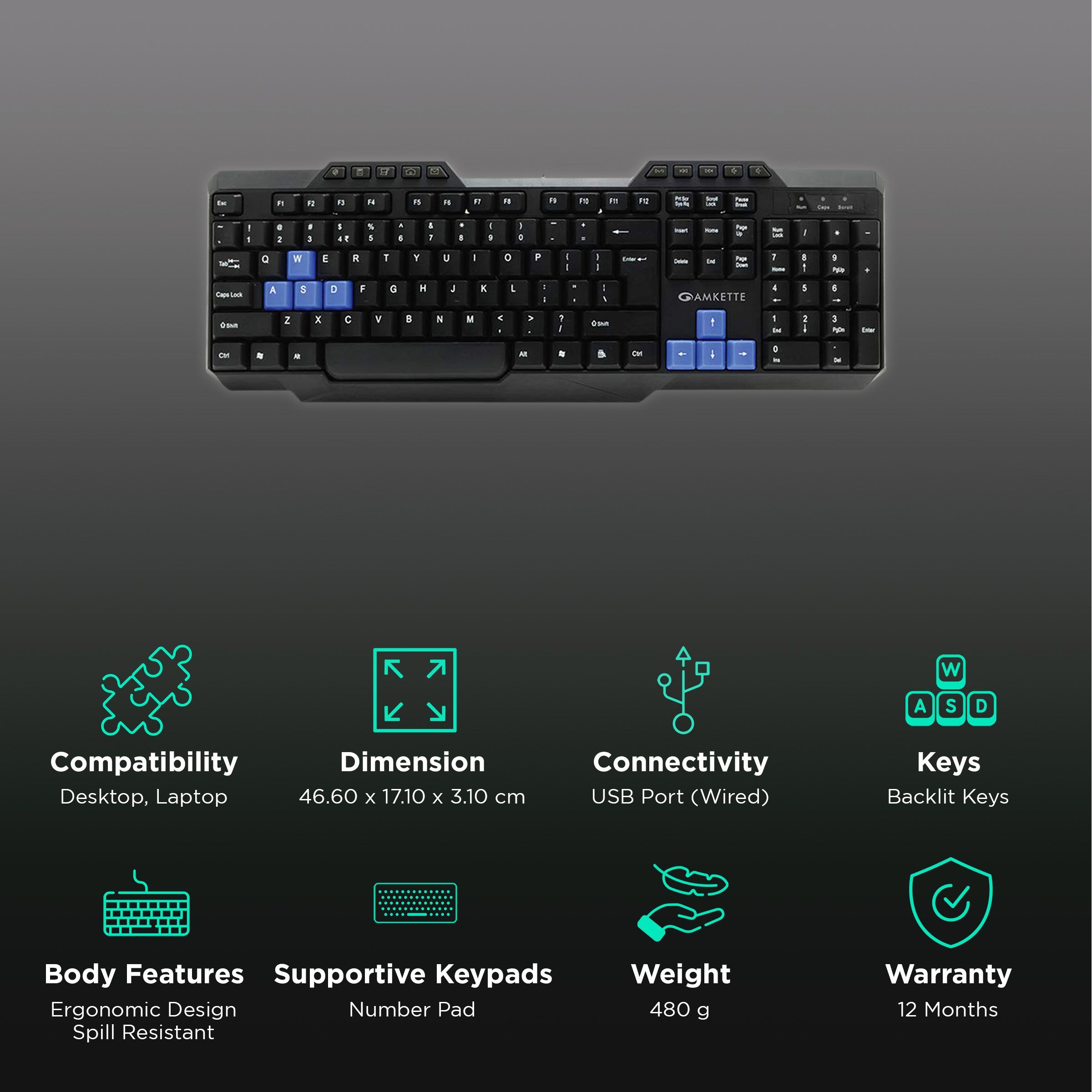 AMKETTE Xcite Neo Wired Keyboard with Backlit Keys (Spill Resistant, Black)_2
