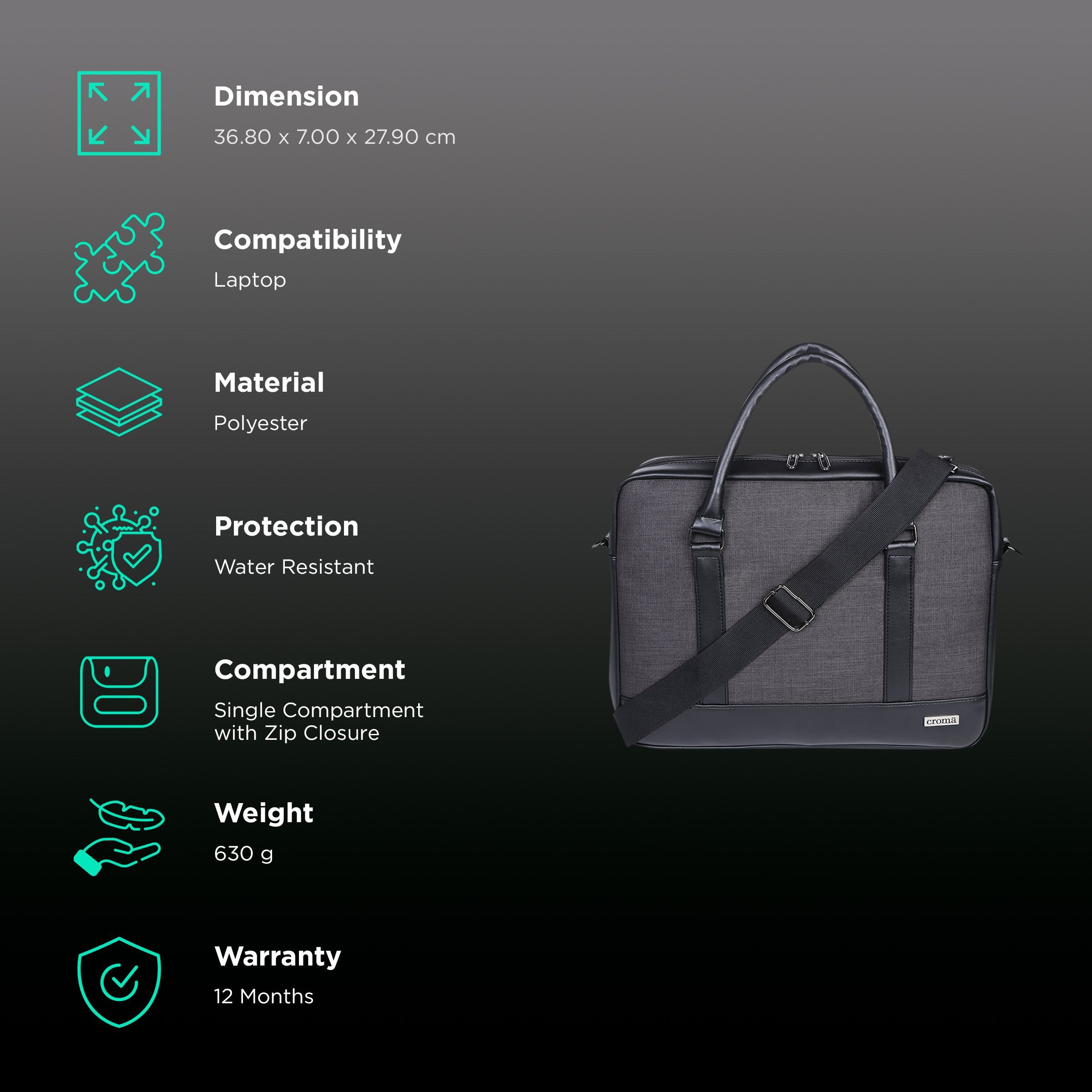 Croma Classic Polyester Laptop Sling Bag for 15.6 Inch Laptop (Water Resistant, Black) Croma Classic Polyester Laptop Sling Bag for 15.6 Inch Laptop (Water Resistant, Black)_3