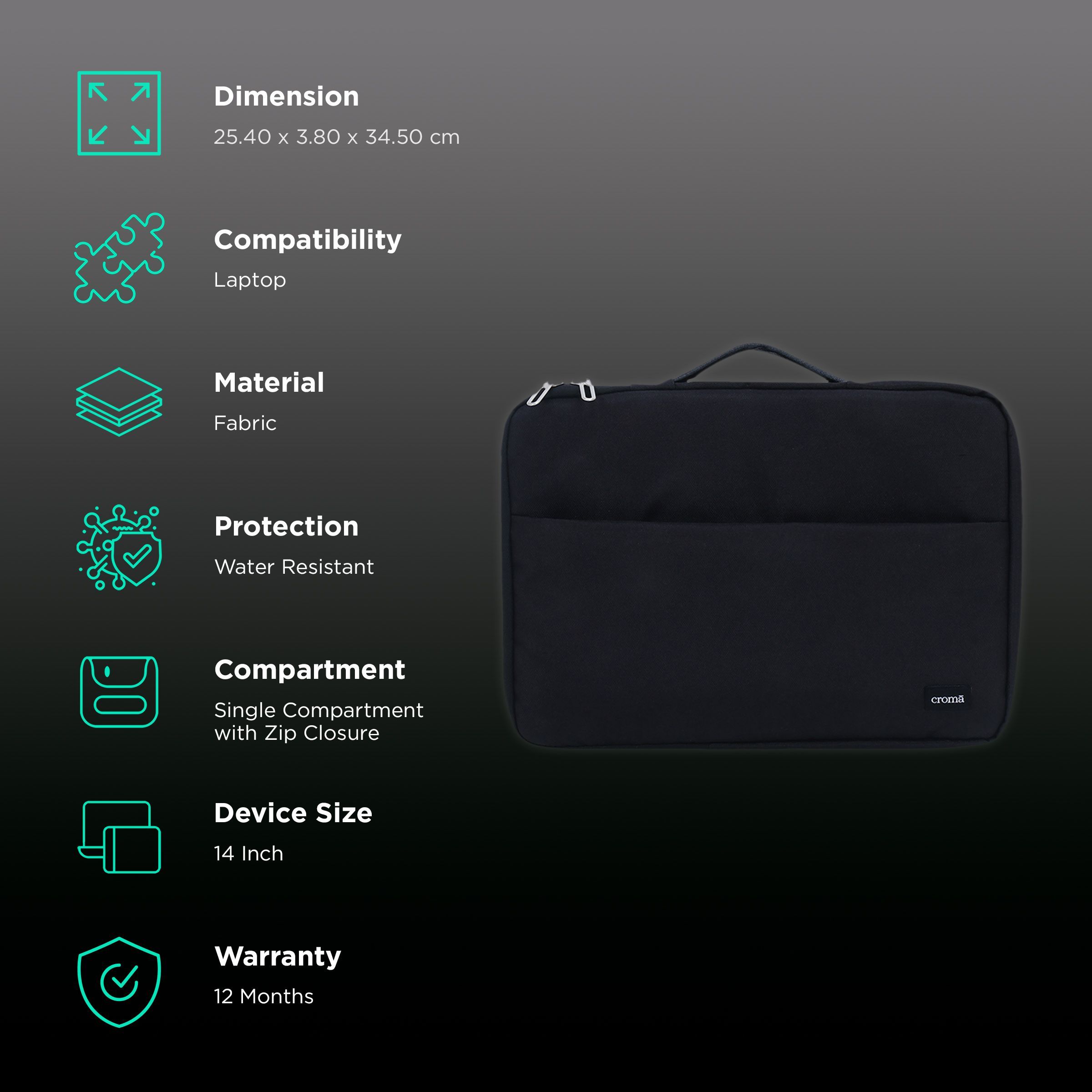 Croma Prime Fabric Laptop Sleeve for 14 Inch Laptop (Water Resistant, Black)_3