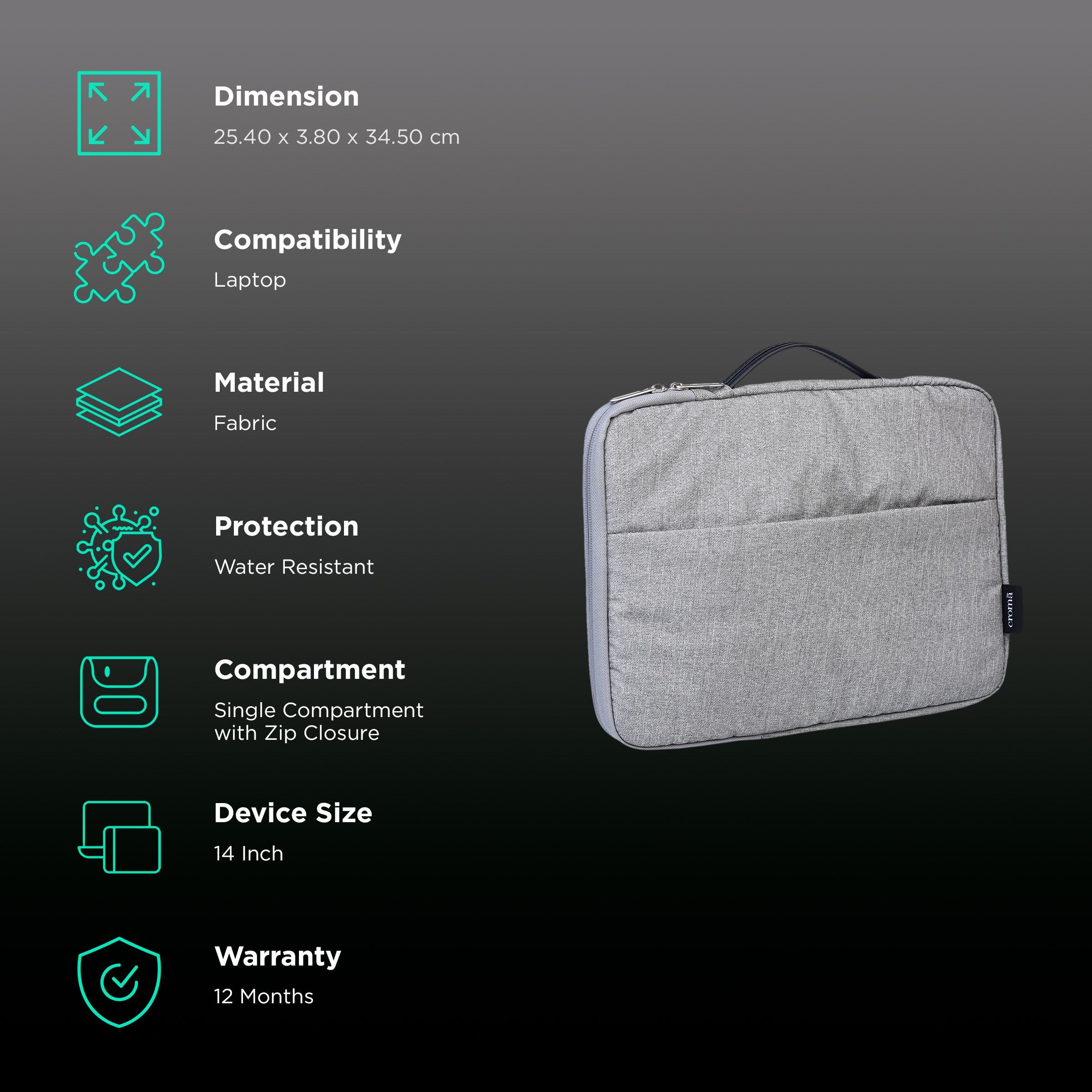 Croma Prime Fabric Laptop Sleeve for 14 Inch Laptop (Water Resistant, Grey) Croma Prime Fabric Laptop Sleeve for 14 Inch Laptop (Water Resistant, Grey)_3