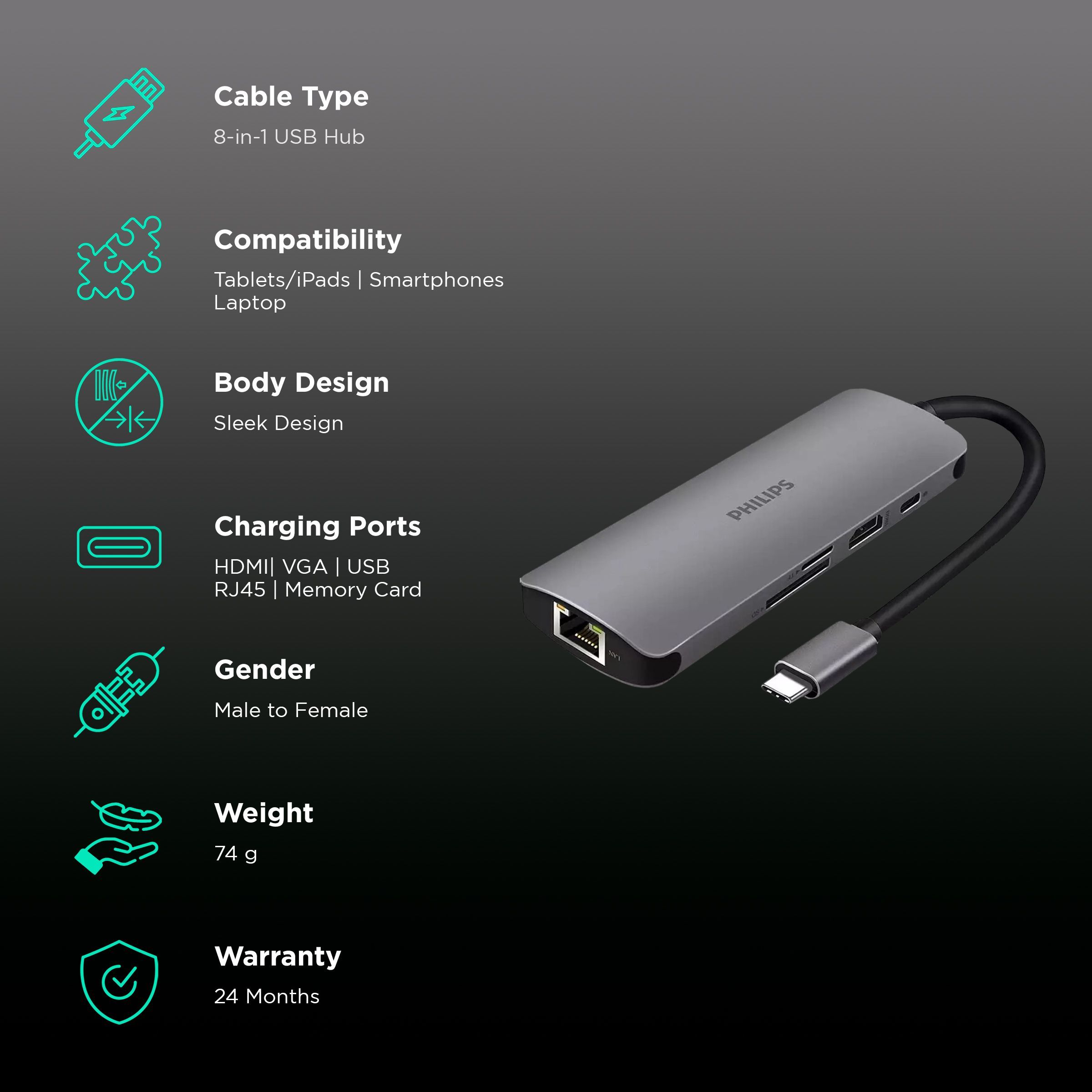 Philips 8-in-1 USB 3.0 Type C to RJ45, USB 3.0 Type A, USB 3.0 Type C, HDMI Type A, SD Card Slot, TF Card Reader USB Hub (5 Gbps Data Transfer Rate, Grey) Philips 8-in-1 USB 3.0 Type C to RJ45, USB 3.0 Type A, USB 3.0 Type C, HDMI Type A, SD Card Slot, TF Card Reader USB Hub (5 Gbps Data Transfer Rate, Grey)_2