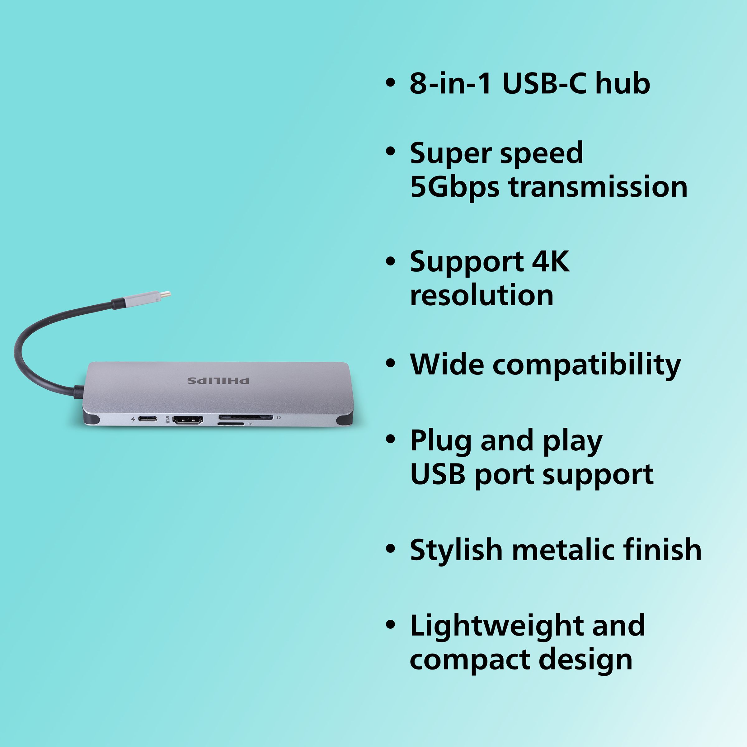 Philips 8-in-1 USB 3.0 Type C to RJ45, USB 3.0 Type A, USB 3.0 Type C, HDMI Type A, SD Card Slot, TF Card Reader USB Hub (5 Gbps Data Transfer Rate, Grey) Philips 8-in-1 USB 3.0 Type C to RJ45, USB 3.0 Type A, USB 3.0 Type C, HDMI Type A, SD Card Slot, TF Card Reader USB Hub (5 Gbps Data Transfer Rate, Grey)_3
