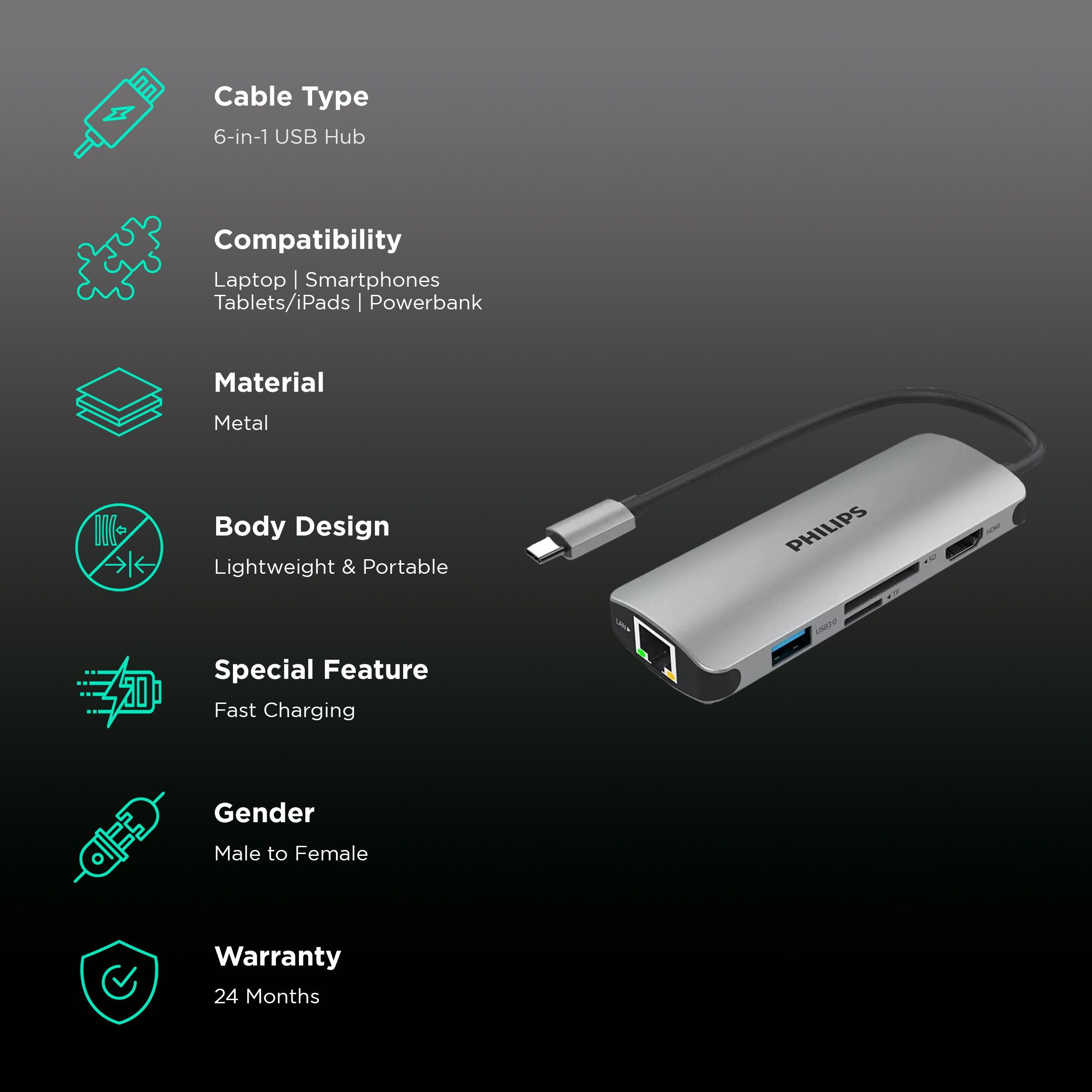 Philips 6-in-1 USB 3.0 Type C to RJ45, USB 3.0 Type C, USB 3.0 Type A, SD Card Slot, TF Card Reader, HDMI Type A USB Hub (5 Gbps Data Transfer Rate, Grey) Philips 6-in-1 USB 3.0 Type C to RJ45, USB 3.0 Type C, USB 3.0 Type A, SD Card Slot, TF Card Reader, HDMI Type A USB Hub (5 Gbps Data Transfer Rate, Grey)_2