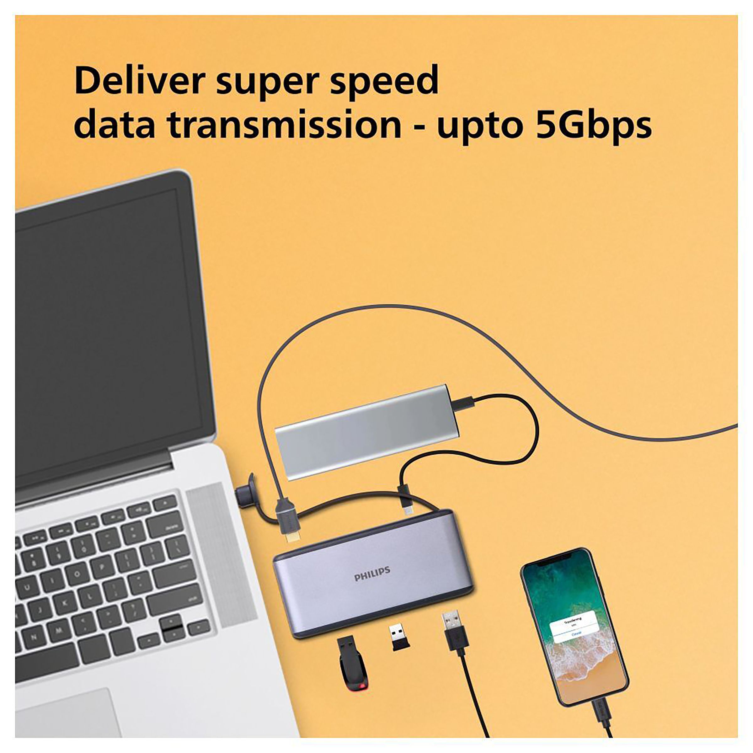 Philips 5-in-1 USB 3.1 Type C to USB 3.0 Type A, USB 3.0 Type C, HDMI Type A USB Hub (5 Gbps Data Transfer Rate, Grey)_5