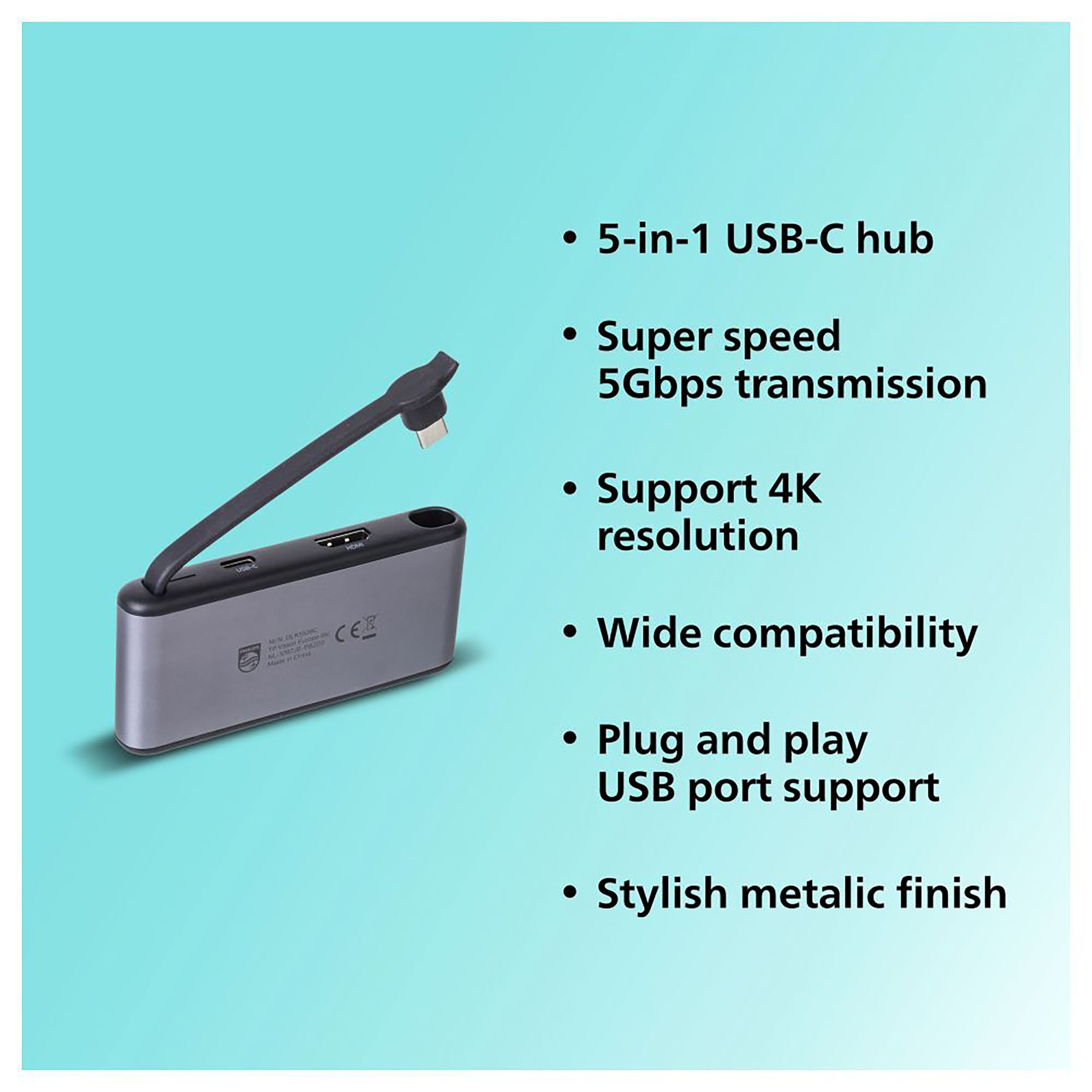 Philips 5-in-1 USB 3.1 Type C to USB 3.0 Type A, USB 3.0 Type C, HDMI Type A USB Hub (5 Gbps Data Transfer Rate, Grey)_3