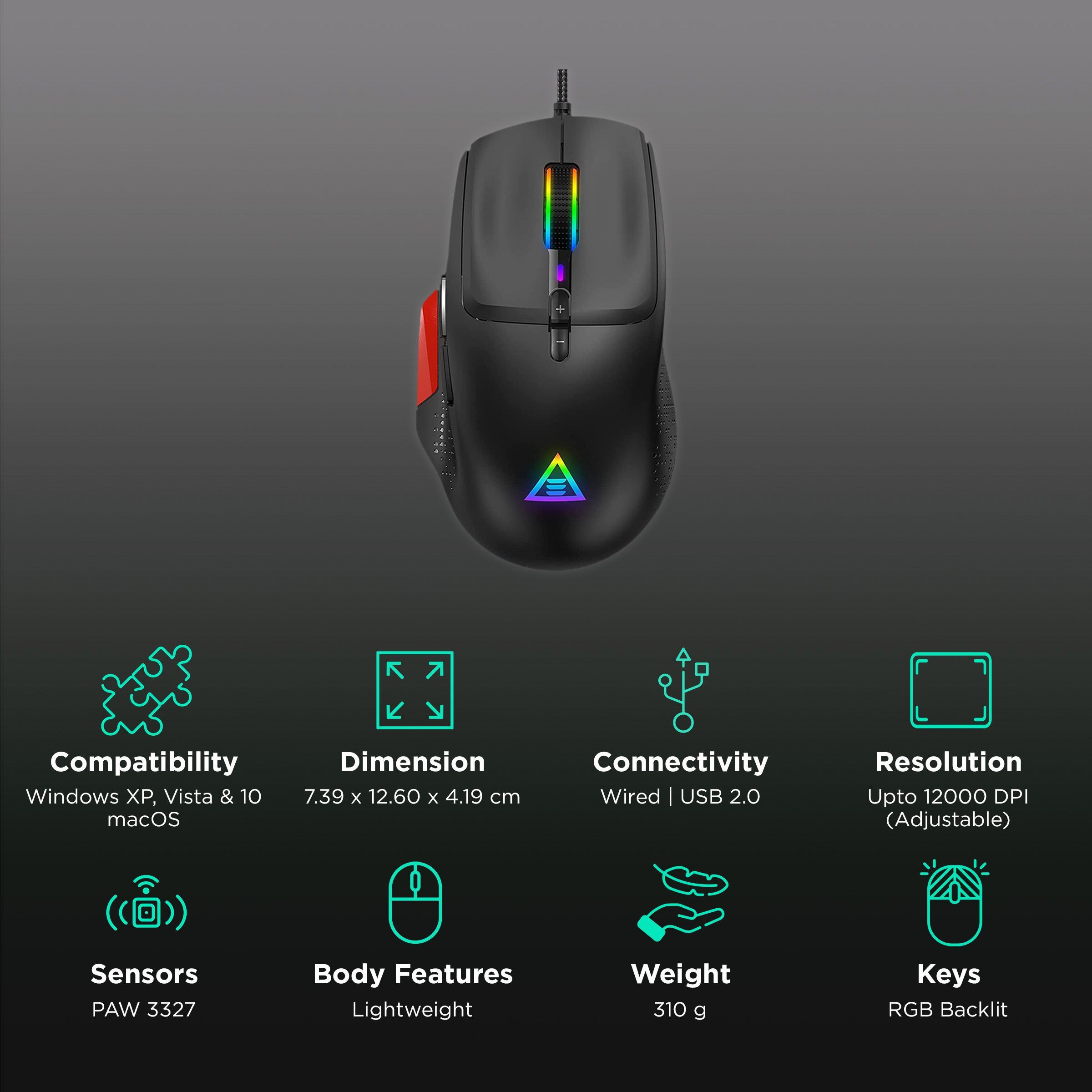 EKSA EM600 Wired Optical Gaming Mouse (12000 DPI Adjustable, Ergonomic Design, Black)_2