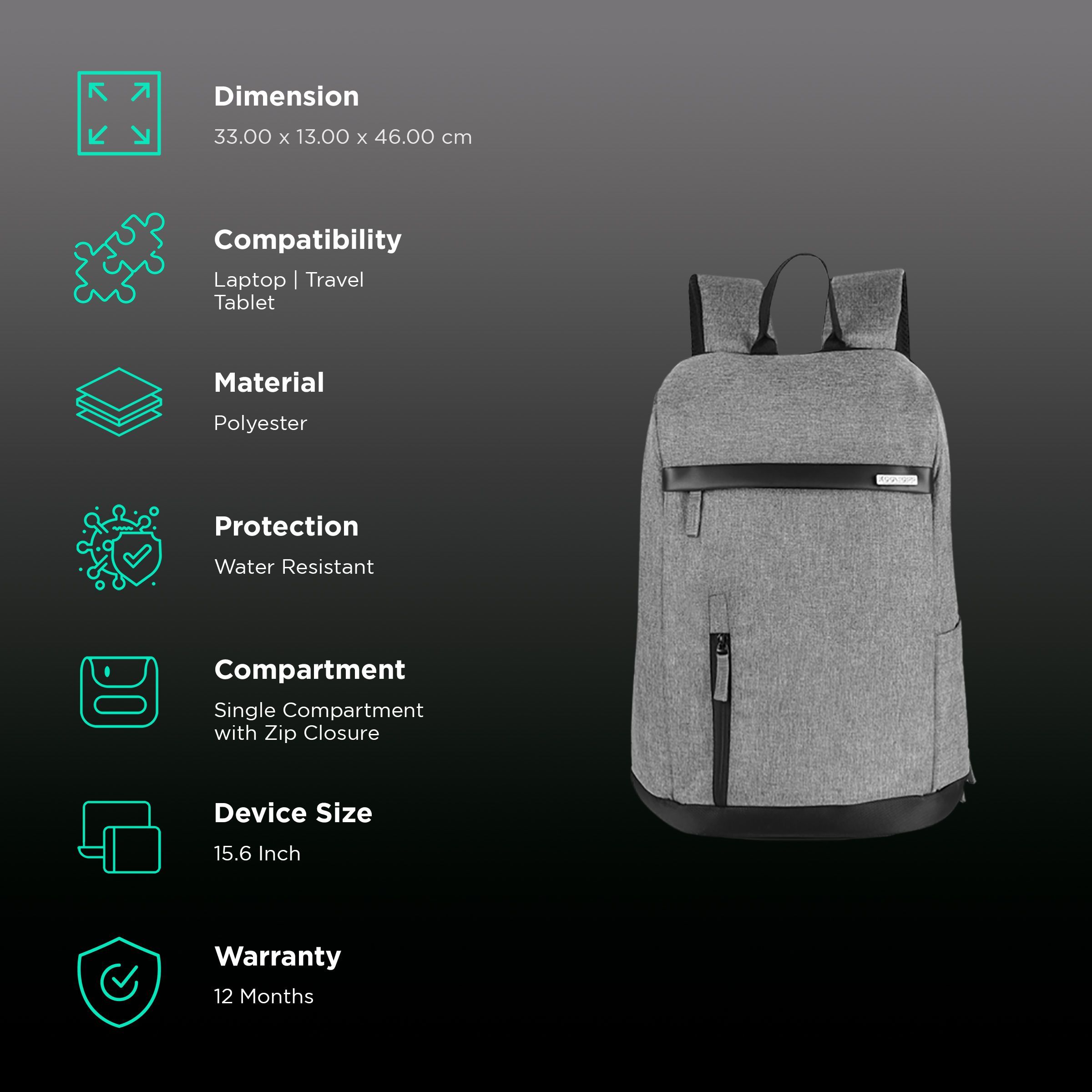 KOOLTOPP Sleek Polyester Laptop Backpack for 15.6 Inch Laptop (20 L, Water Resistant, Grey)_2