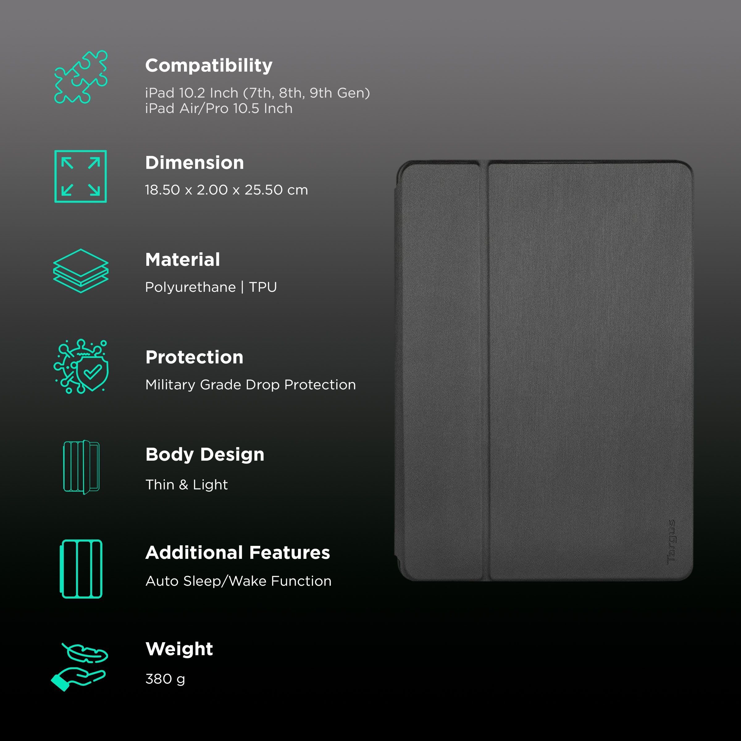 Targus Click-In Polyurethane, TPU Flip Cover for Apple iPad 10.2 Inch (7th, 8th, 9th Gen), iPad Air 10.5 Inch, iPad Pro 10.5 Inch (Integrated Holder for Apple Pencil, Black)_2