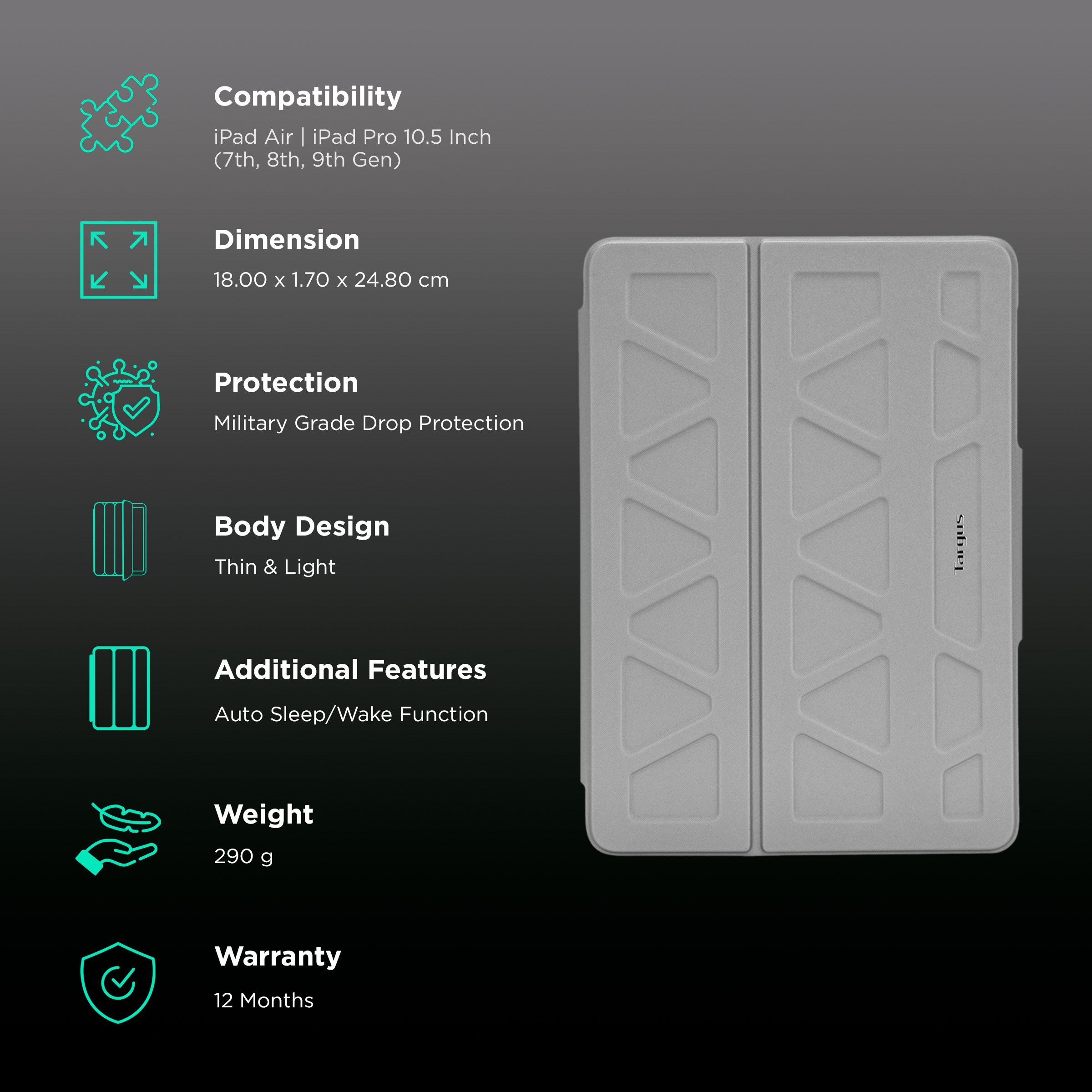 Targus Pro-Tek Flip Cover for Apple iPad Air, iPad Pro 10.5 Inch (7th, 8th, 9th Gen) (Integrated Holder for Apple Pencil, Silver)_2