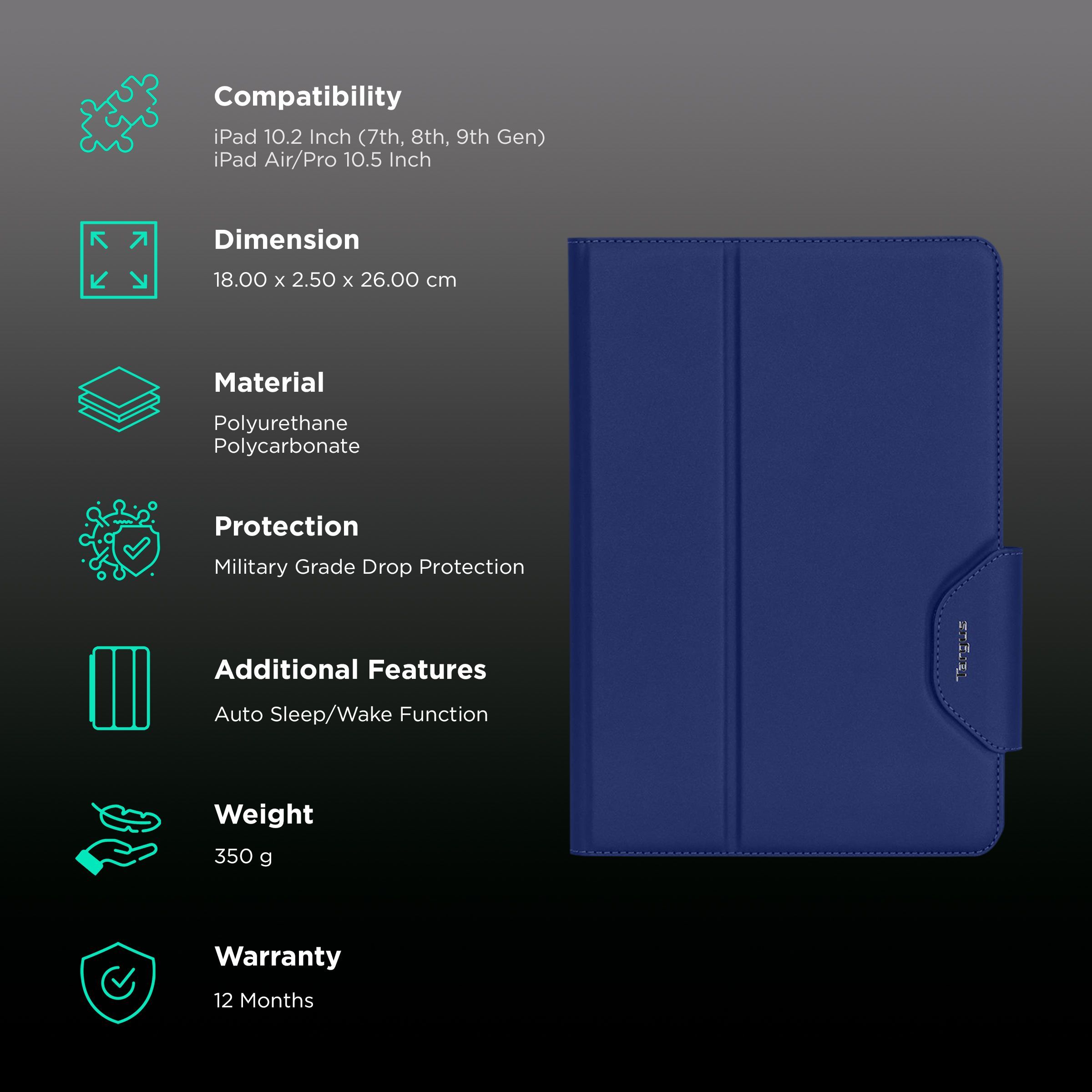 Targus VersaVu Polyurethane, Polycarbonate & Thermoplastic Polyester Flip Cover for Apple iPad 10.2 Inch (7th, 8th, 9th Gen), iPad Air 10.5 Inch, iPad Pro 10.5 Inch (Military Grade Drop Protection, Blue)_2