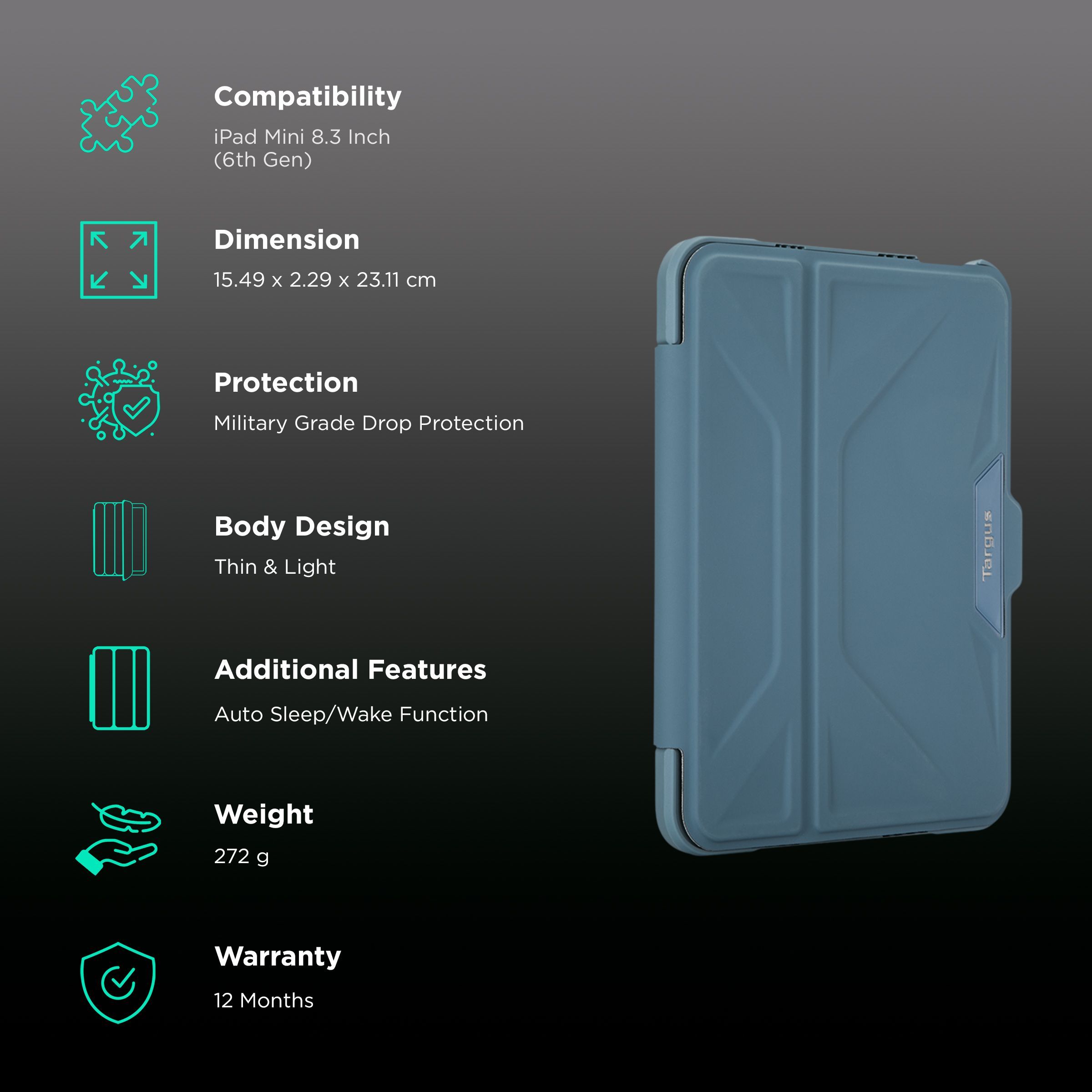 Targus Pro-Tek Flip Cover for Apple iPad Mini 8.3 Inch (6th Gen) (Integrated Holder for Apple Pencil, China Blue)_2