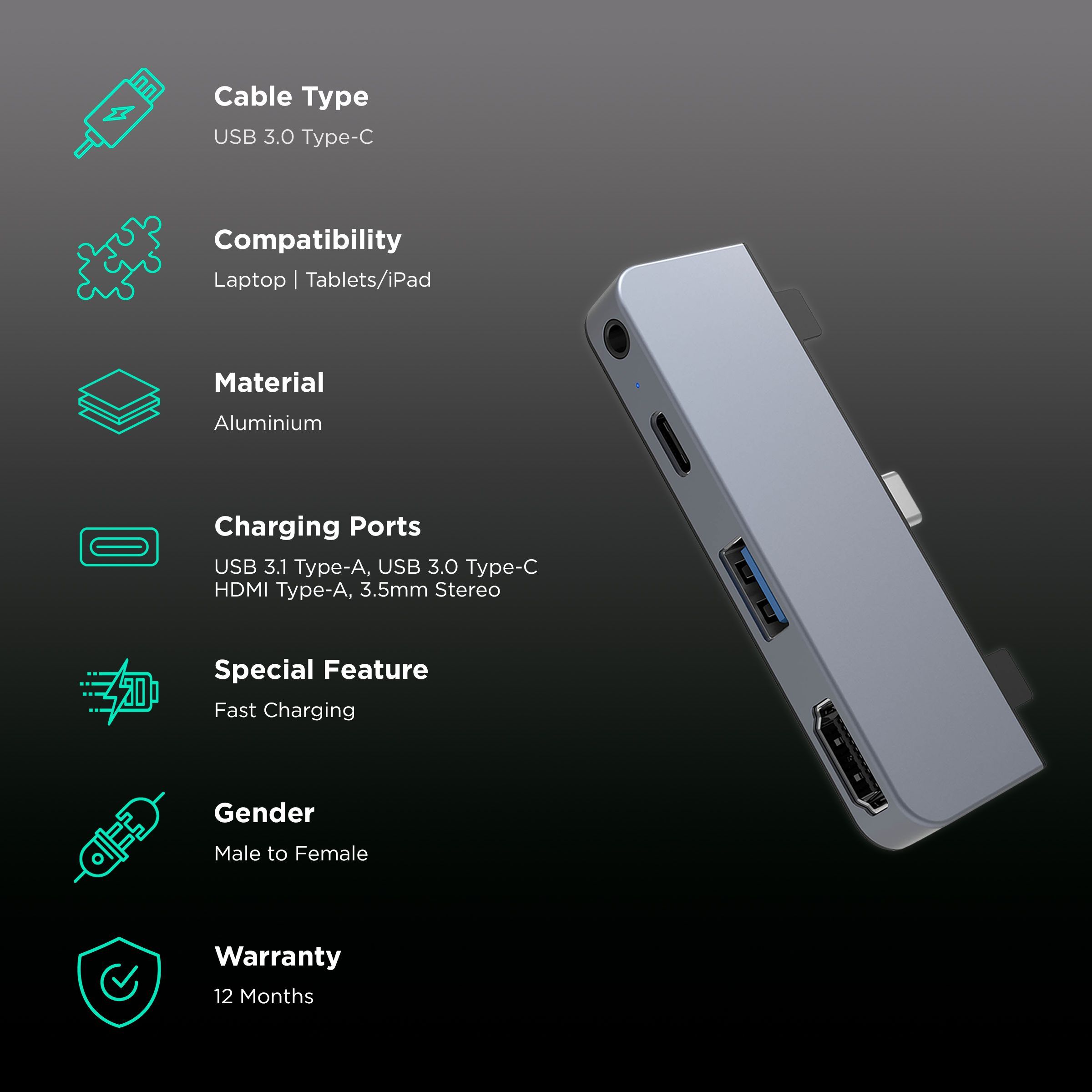 HyperDrive 4-in-1 USB 3.0 Type C to USB 3.1 Type A, USB 3.0 Type C, HDMI Type A, 3.5mm Stereo USB Hub (Pass-Through Charging, Space Grey)_2