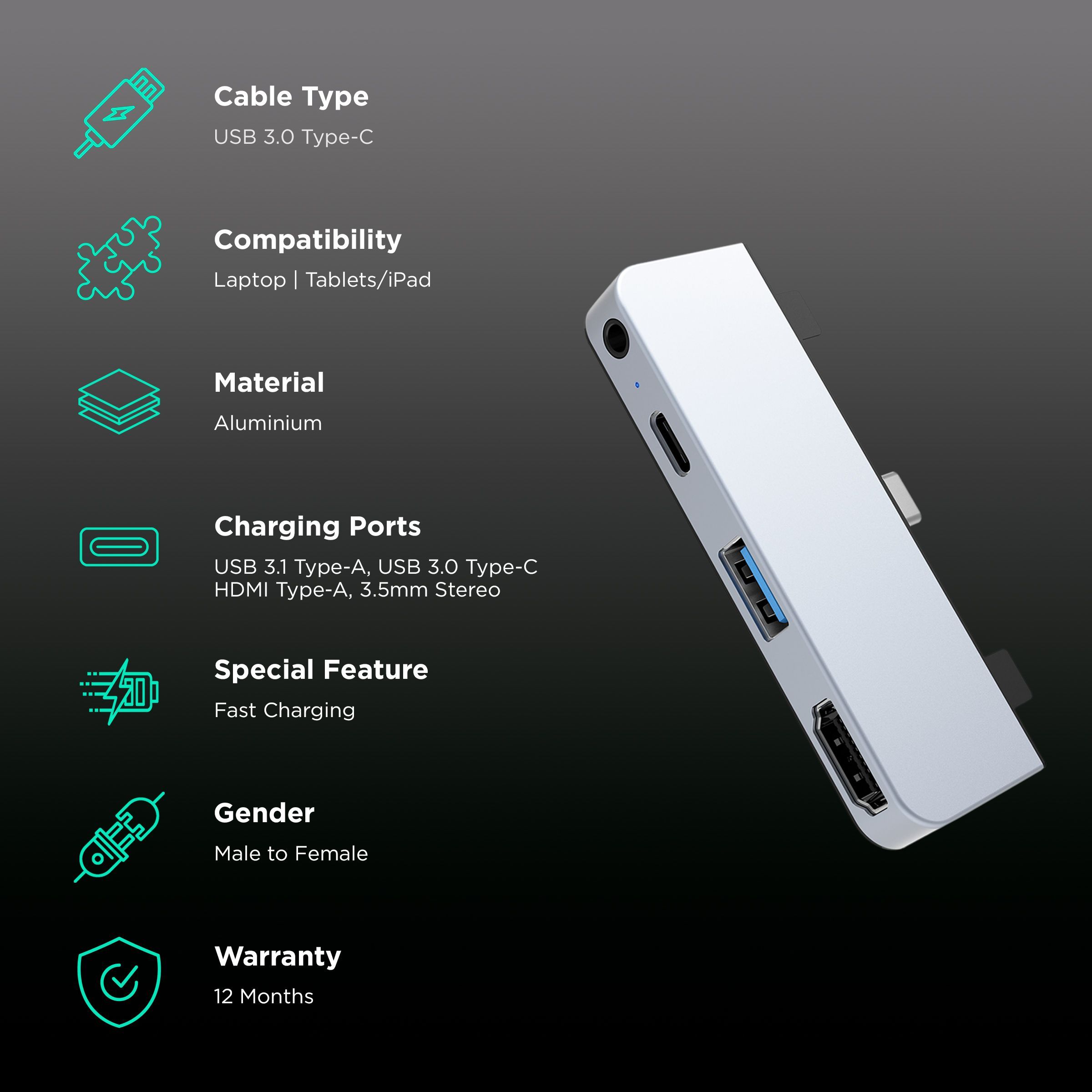 HyperDrive 4-in-1 USB 3.0 Type C to USB 3.1 Type A, USB 3.0 Type C, HDMI Type A, 3.5mm Stereo USB Hub (Pass-Through Charging, Silver)_2