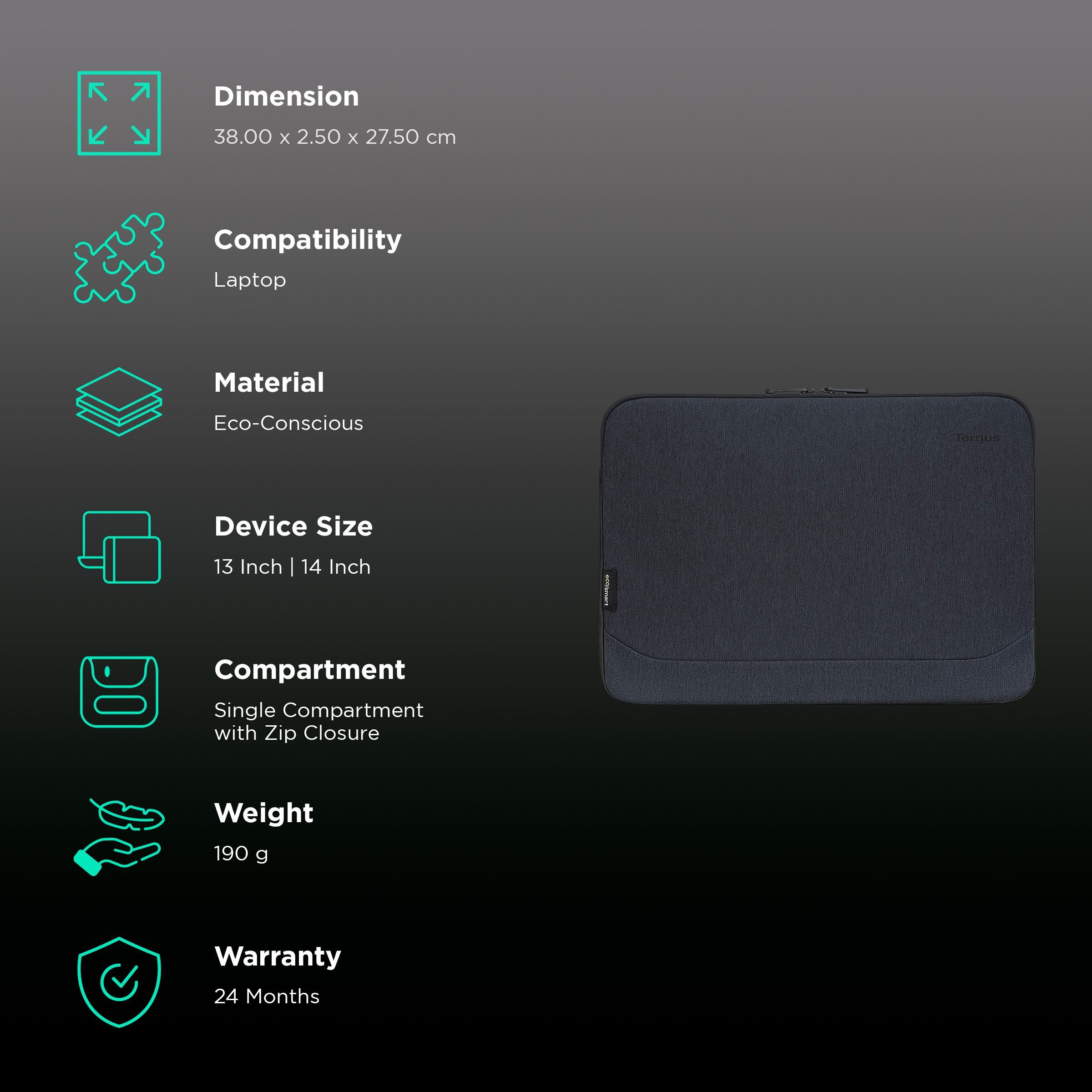 Targus Cypress EcoSmart Eco-Conscious Laptop Sleeve for 13 & 14 Inch Laptop (Slim & Lightweight, Navy)_3