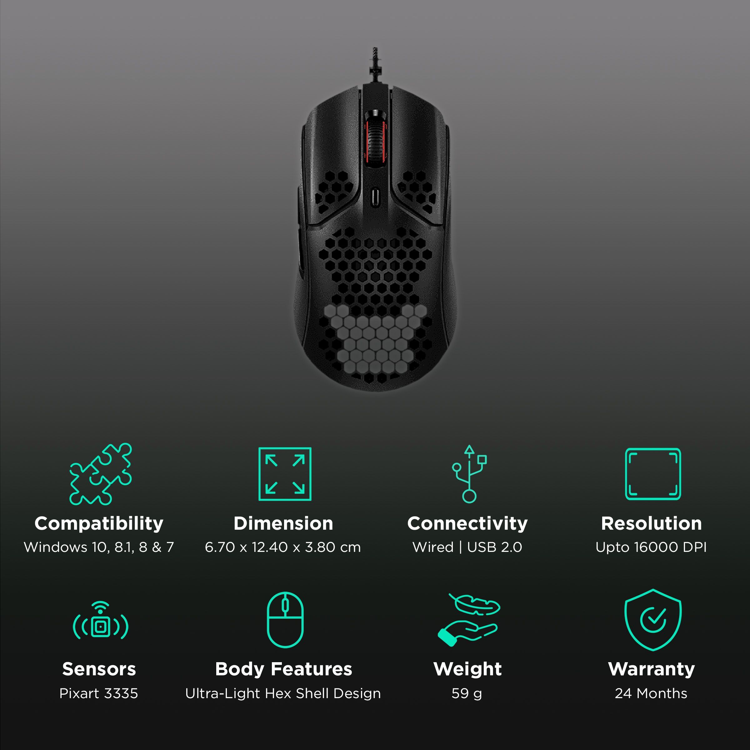 HyperX Pulsefire Haste Wired Optical Gaming Mouse with Customizable Buttons (16000 DPI, Ultra-Light Hex Shell Design, Black) HyperX Pulsefire Haste Wired Optical Gaming Mouse with Customizable Buttons (16000 DPI, Ultra-Light Hex Shell Design, Black)_2