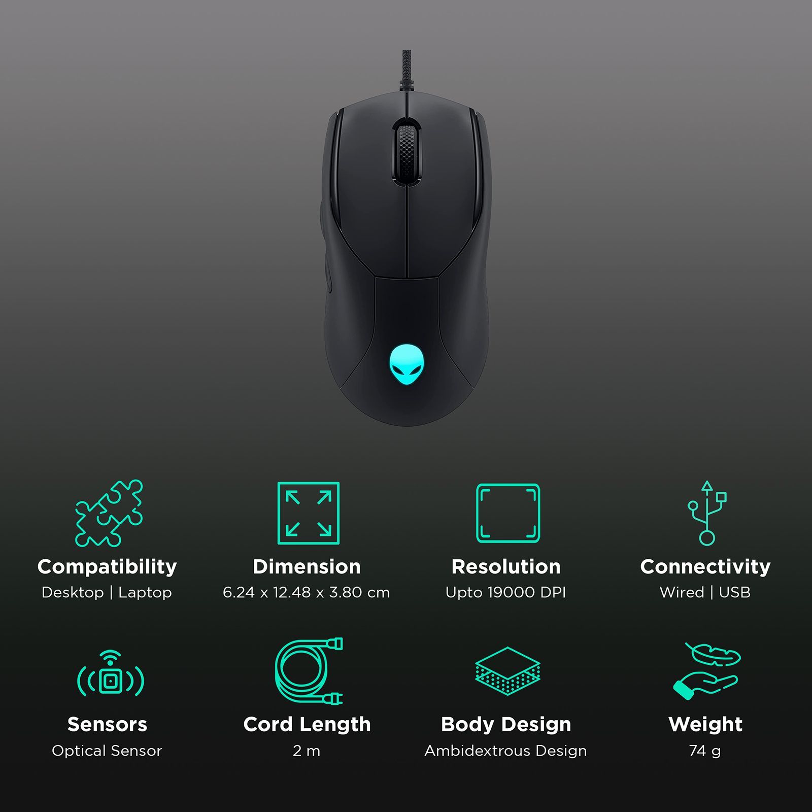 DELL Alienware Wired Gaming Mouse with AlienFX Lighting (19000 DPI Adjustable, 6 Buttons, Black)_2