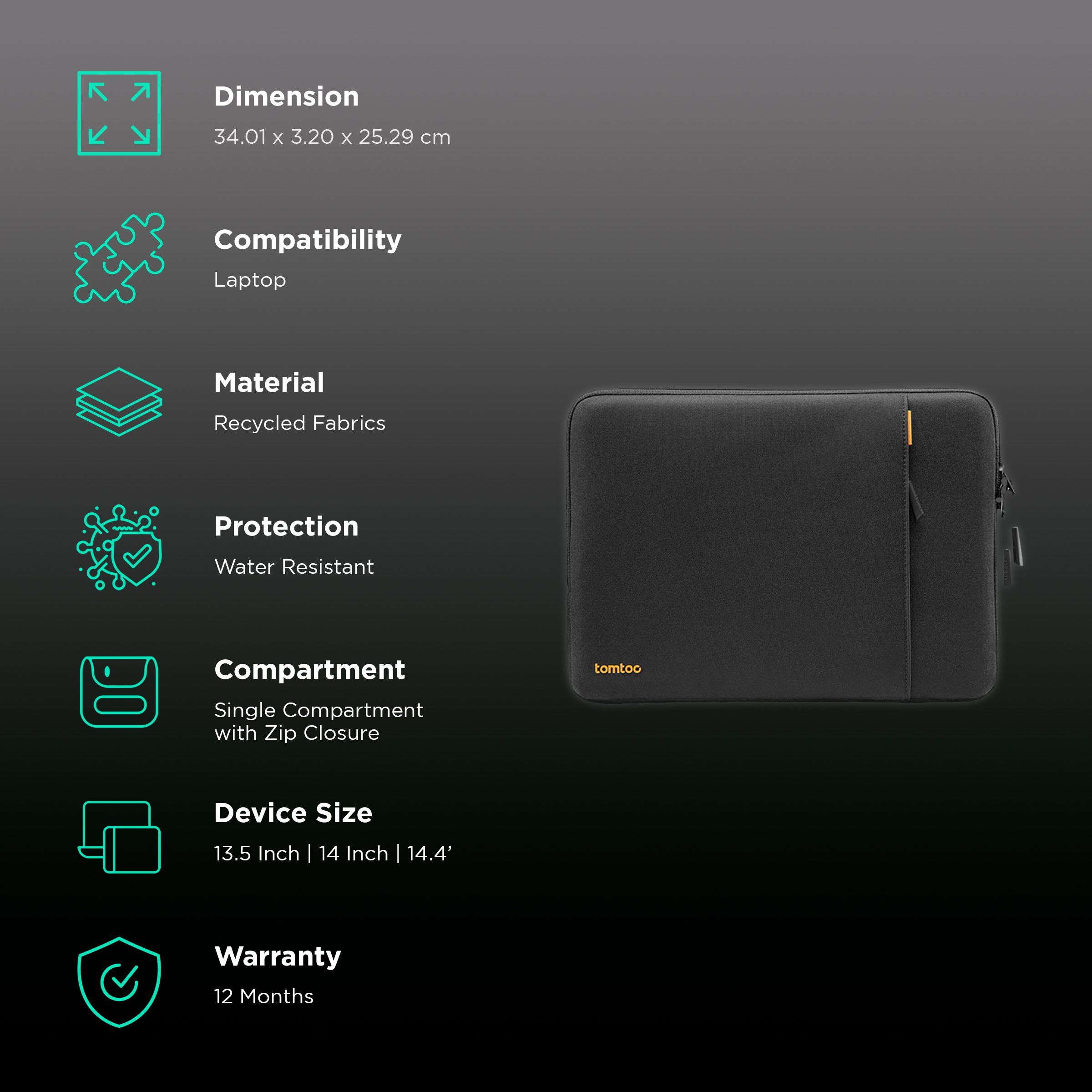 tomtoc Defender Recycled Fabrics Laptop Sleeve for 13.5, 14 & 14.4 Inch Laptop (Water Resistant, Black)_3