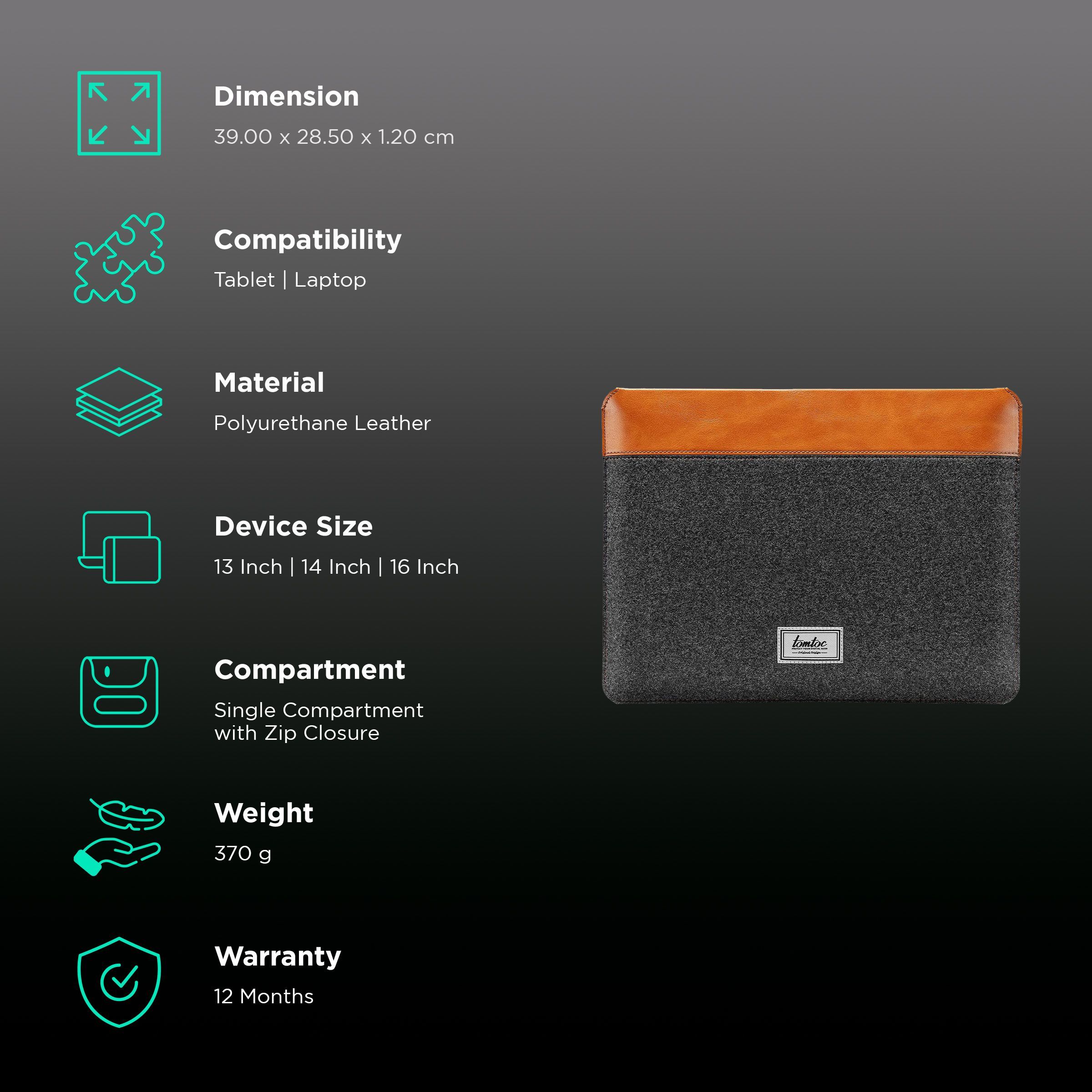 tomtoc Vintage Polyurethane Leather Laptop Sleeve for 13, 14 & 16 Inch Laptop (Intelligent Magnet Closure, Grey) tomtoc Vintage Polyurethane Leather Laptop Sleeve for 13, 14 & 16 Inch Laptop (Intelligent Magnet Closure, Grey)_3