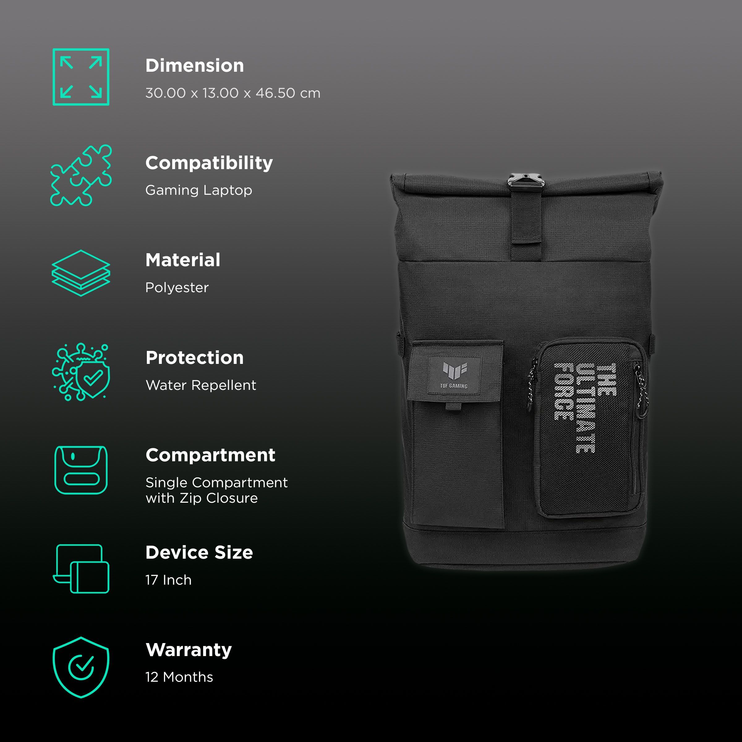 ASUS TUF Gaming VP4700 Polyester Laptop Backpack for 17 Inch Laptop (Water Repellent, Black) ASUS TUF Gaming VP4700 Polyester Laptop Backpack for 17 Inch Laptop (Water Repellent, Black)_2