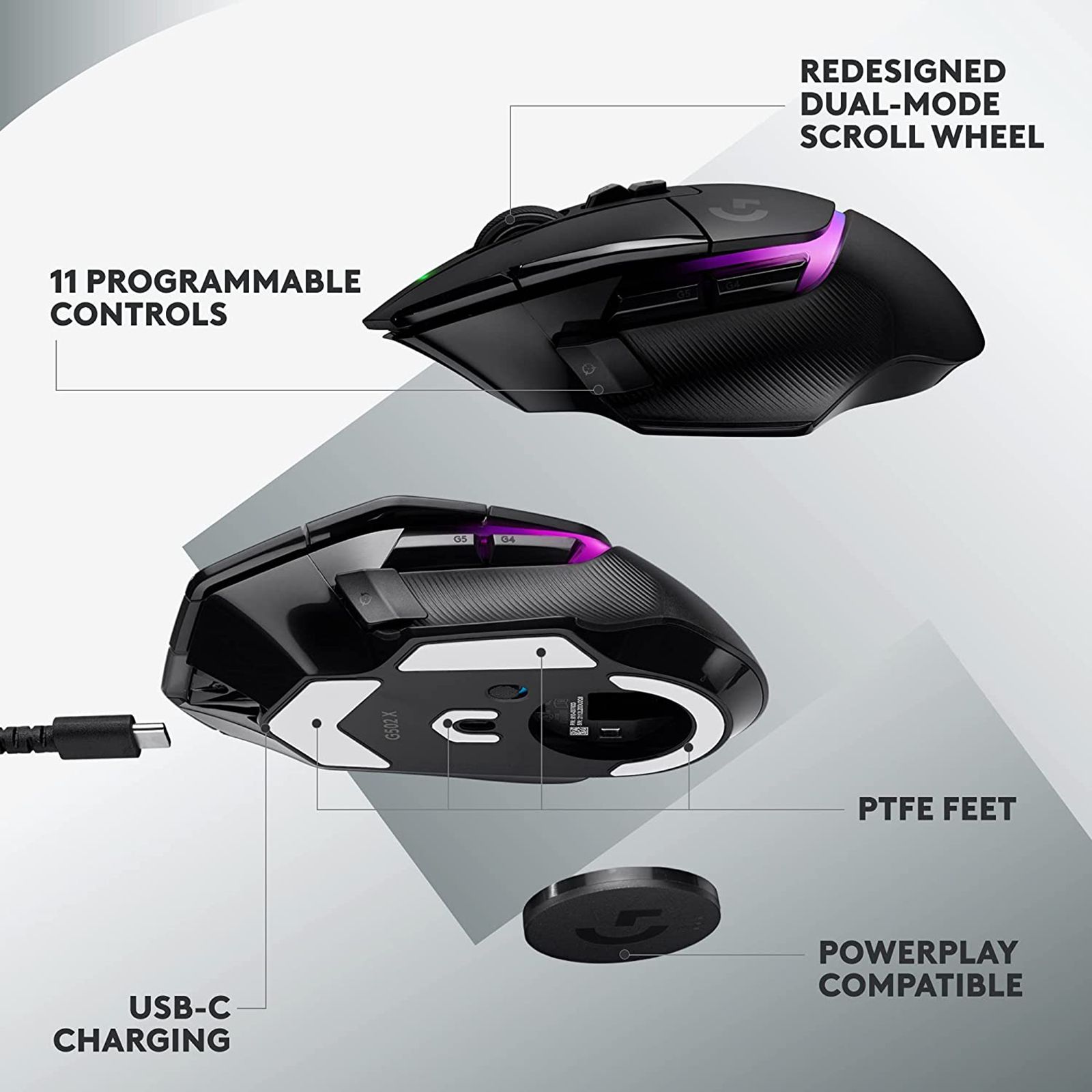 logitech G502 X Plus Rechargeable Wireless Optical Gaming Mouse (25600 DPI Adjustable, Dual-Mode Scroll Wheel, Black)_14