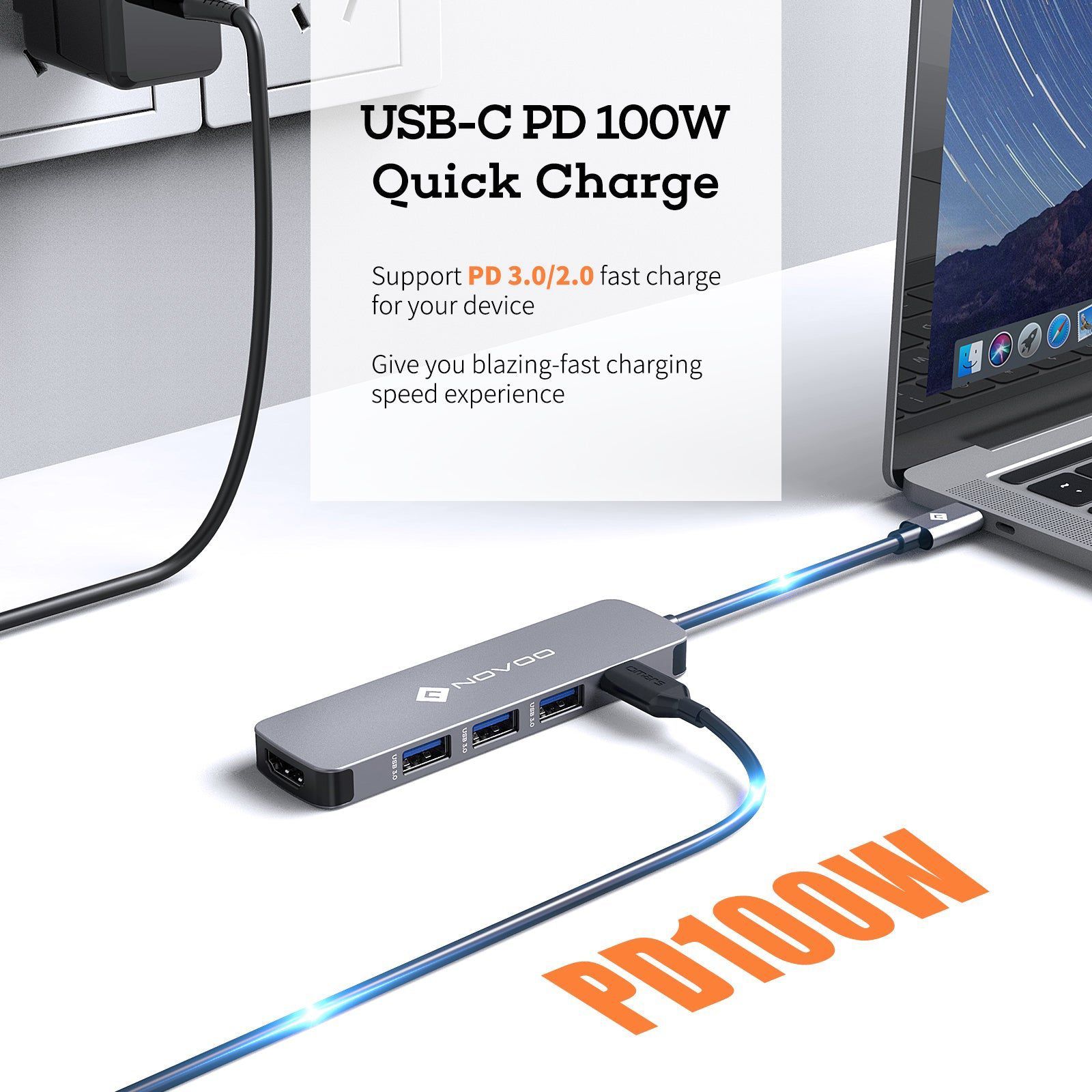 Novoo 5-in-1 USB 3.0 Type C to USB 3.0 Type A, HDMI Type A, USB Type C USB Hub (100 Watt Power Delivery, Grey)_7