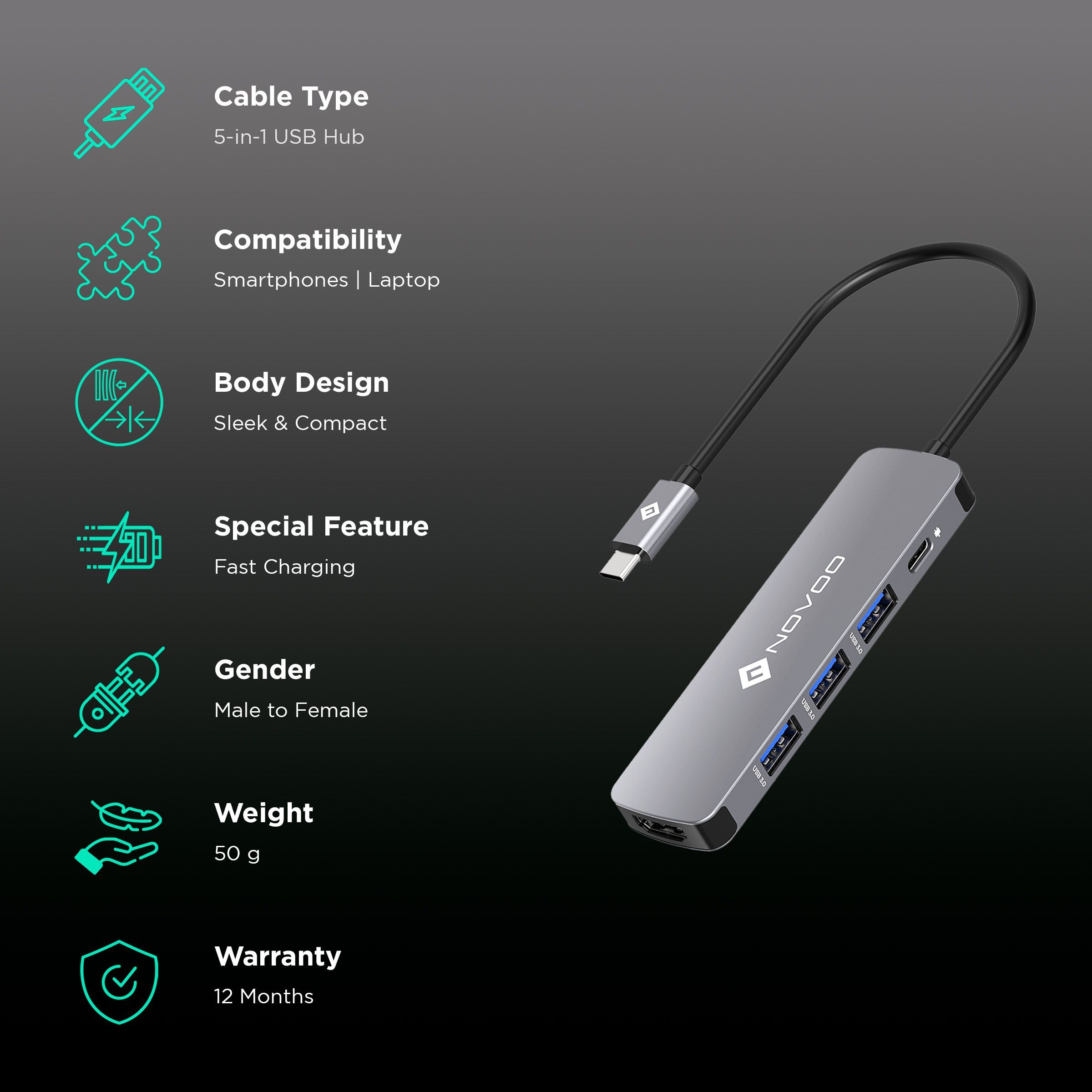 Novoo 5-in-1 USB 3.0 Type C to USB 3.0 Type A, HDMI Type A, USB Type C USB Hub (100 Watt Power Delivery, Grey)_2