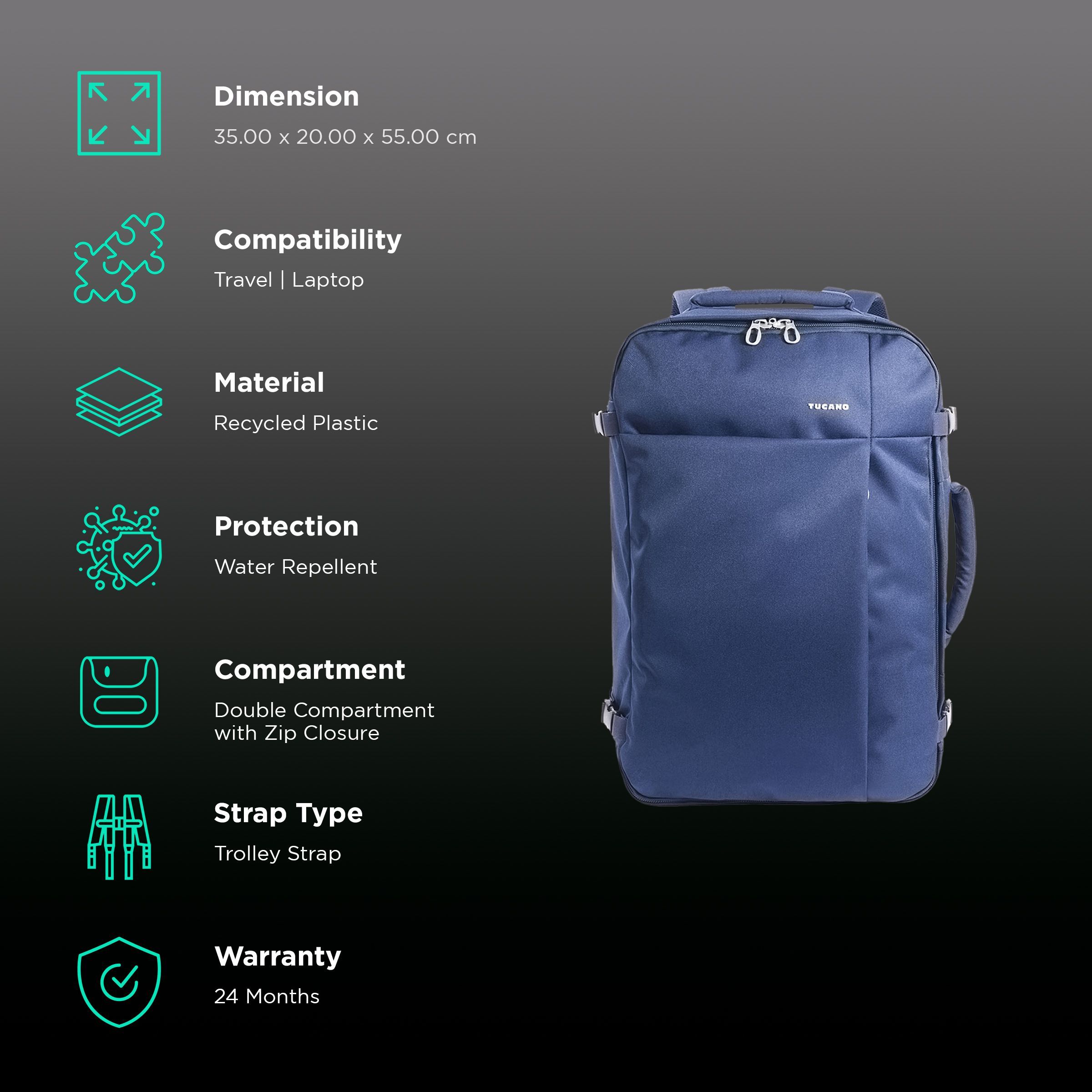 TUCANO Tugo Recycled Plastic Laptop Backpack for 17 & 16 Inch Laptop (38 L, Water Repellent, Blue)_2