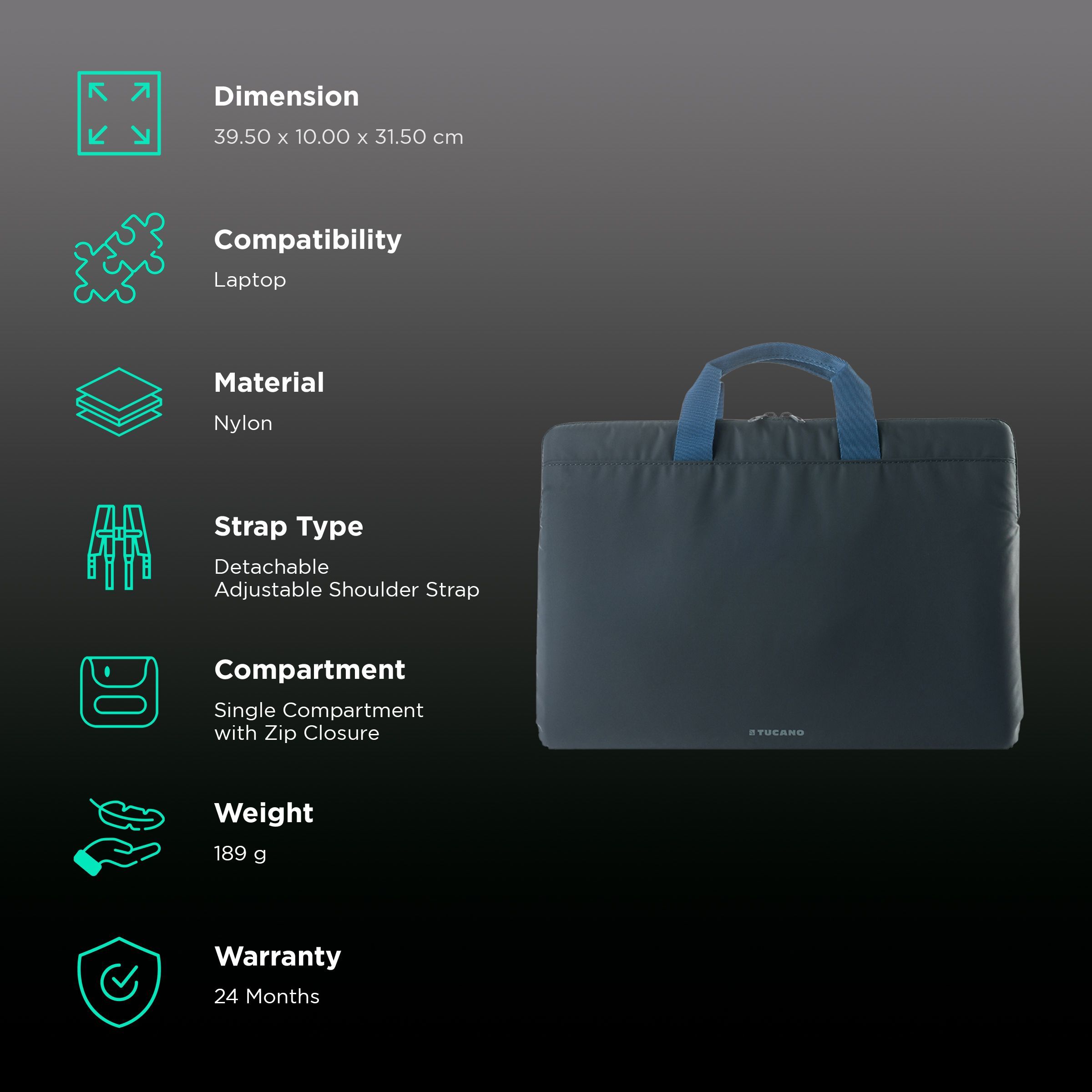 TUCANO Minilux Nylon Laptop Sleeve for 15.6 & 16 Inch Laptop (Internal Anti-shock Padding, Dark Grey)_3