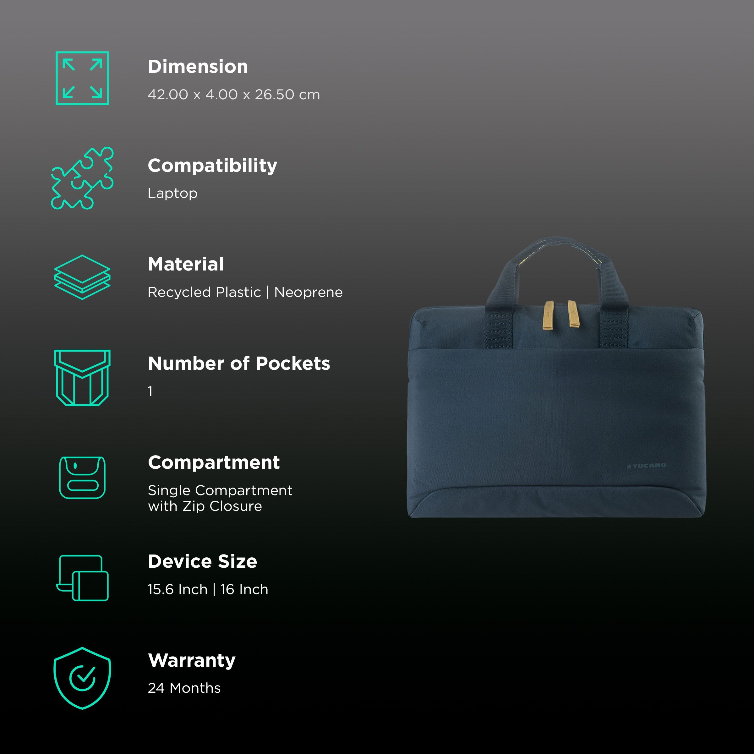 TUCANO Smilza Recycled Plastic, Neoprene Laptop Sleeve for 15.6 & 16 Inch Laptop (Super Slim, Blue)_3