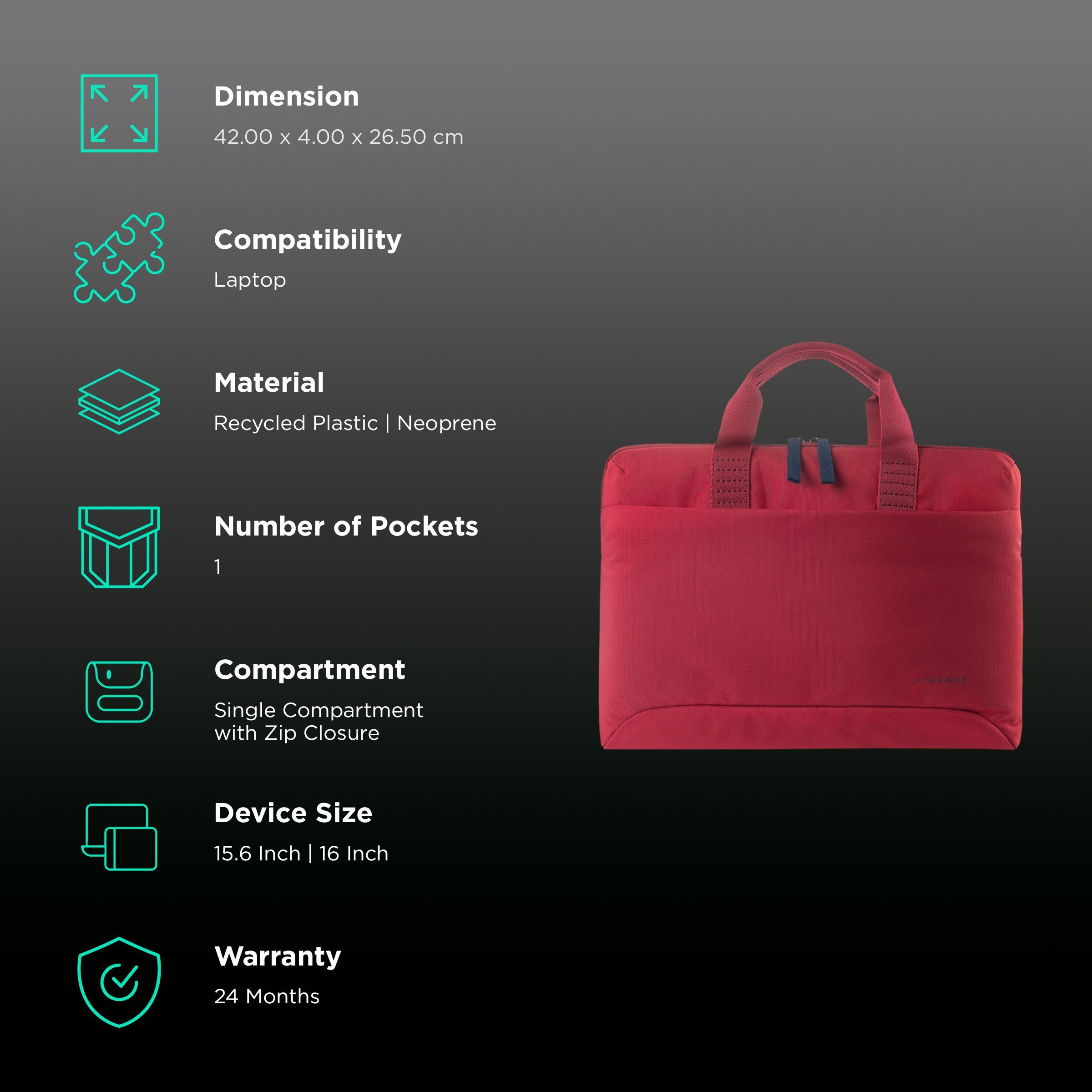 TUCANO Smilza Recycled Plastic, Neoprene Laptop Sleeve for 15.6 & 16 Inch Laptop (Super Slim, Red)_3