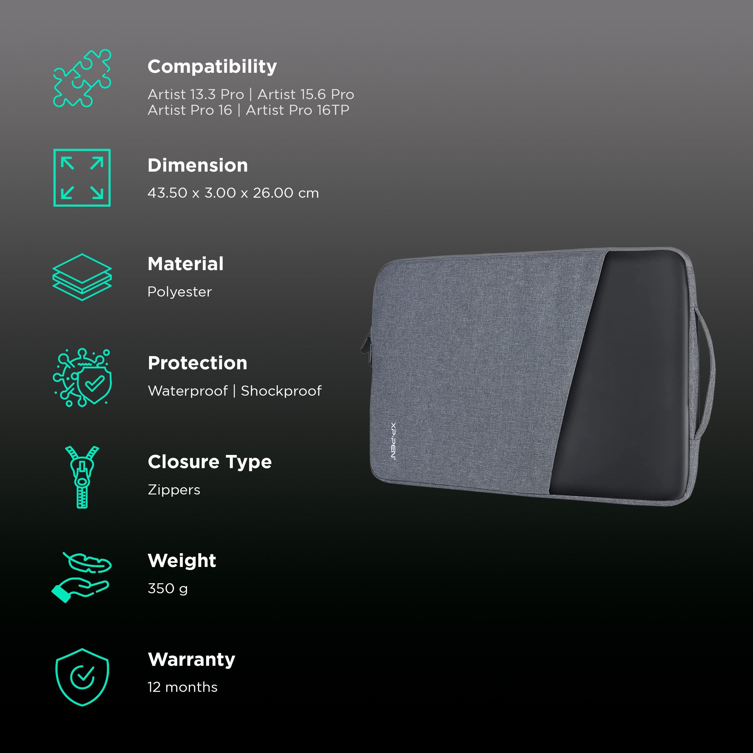 XPPen ACJ02 Polyester Sleeve for 12, 13.3, 15.6, 16 Inch Tablets (Waterproof & Shockproof, Grey)_3