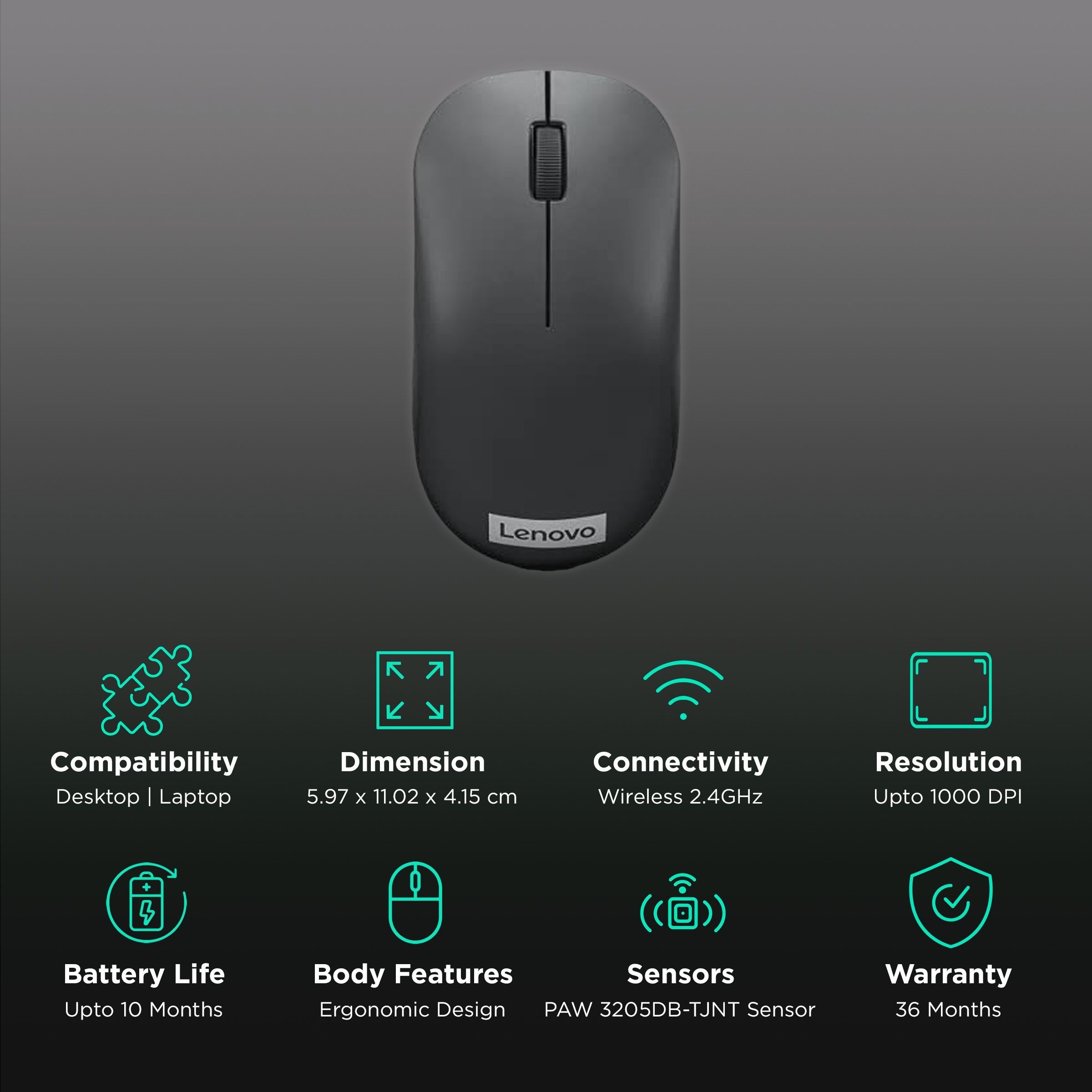 Lenovo 130 2.4GHz Wireless Mouse (1000 DPI, Ergonomic Design, Black)_2