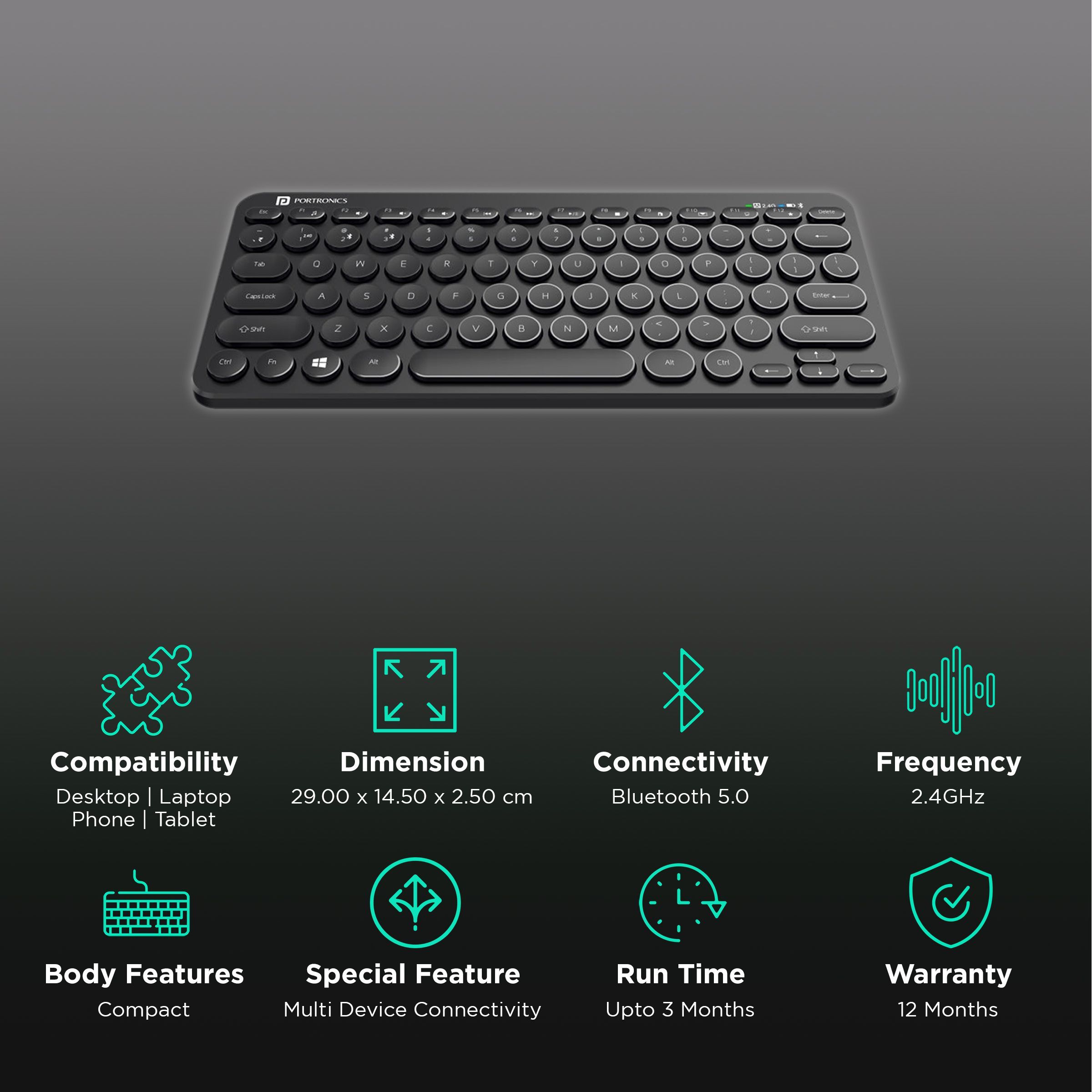 PORTRONICS Bubble Bluetooth 5.0 & 2.4GHz Wireless Keyboard with Multi Device Connectivity (2-Way Connection, Black) PORTRONICS Bubble Bluetooth 5.0 & 2.4GHz Wireless Keyboard with Multi Device Connectivity (2-Way Connection, Black)_2