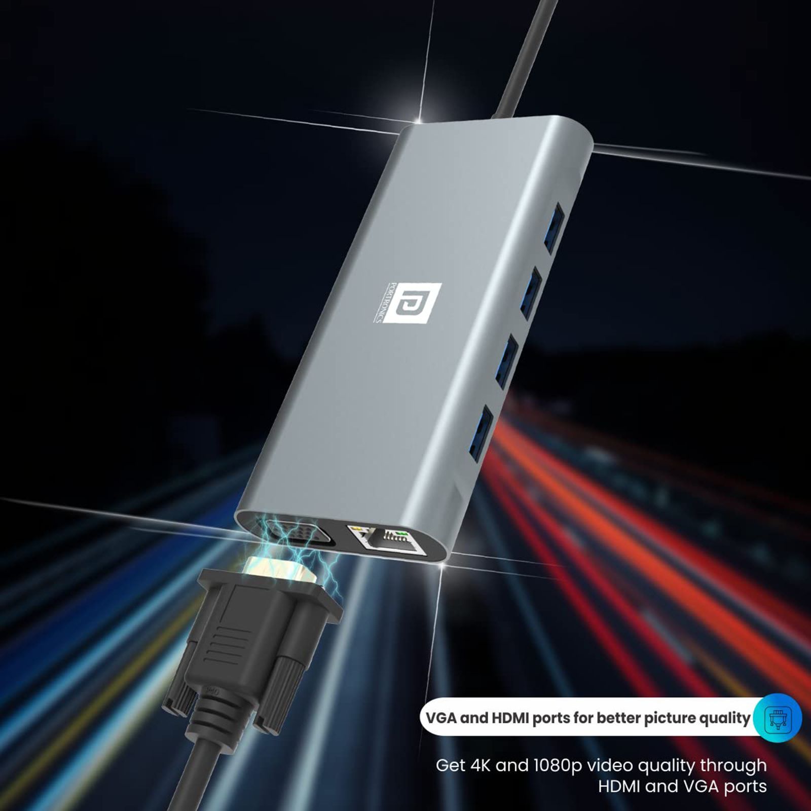 PORTRONICS Mport 11C 11-in-1 USB Type C to USB Type C, USB 3.0 Type A, LAN Port, 3.5mm Stereo, SD Card Slot, TF Card, VGA Port, HDMI Multi-Port Hub (Up to 10 Gbps Data Transfer, Grey)_8